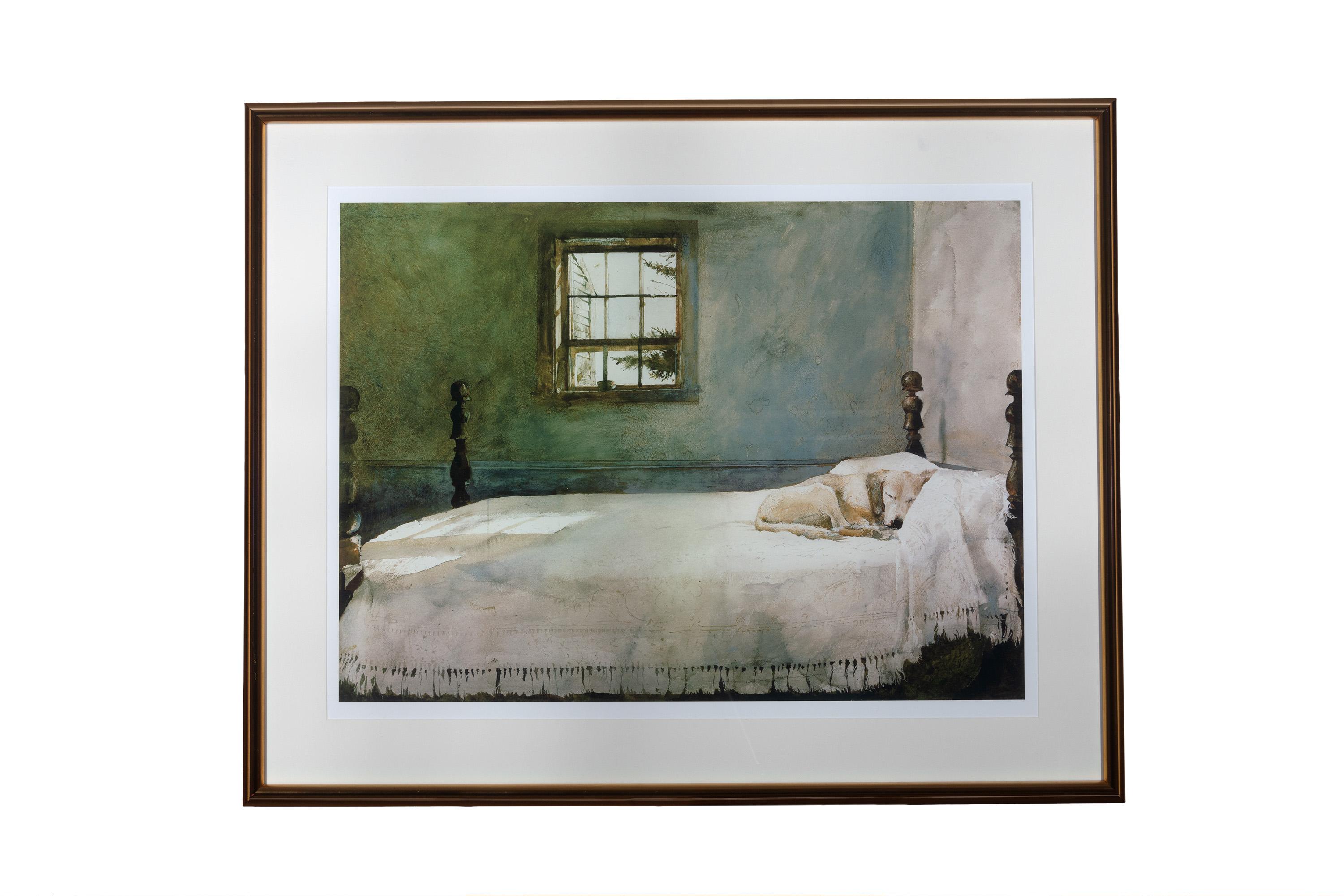 (after) Andrew Wyeth Still-Life Print - Yellow Lab Sleeping in the Bed, 2009