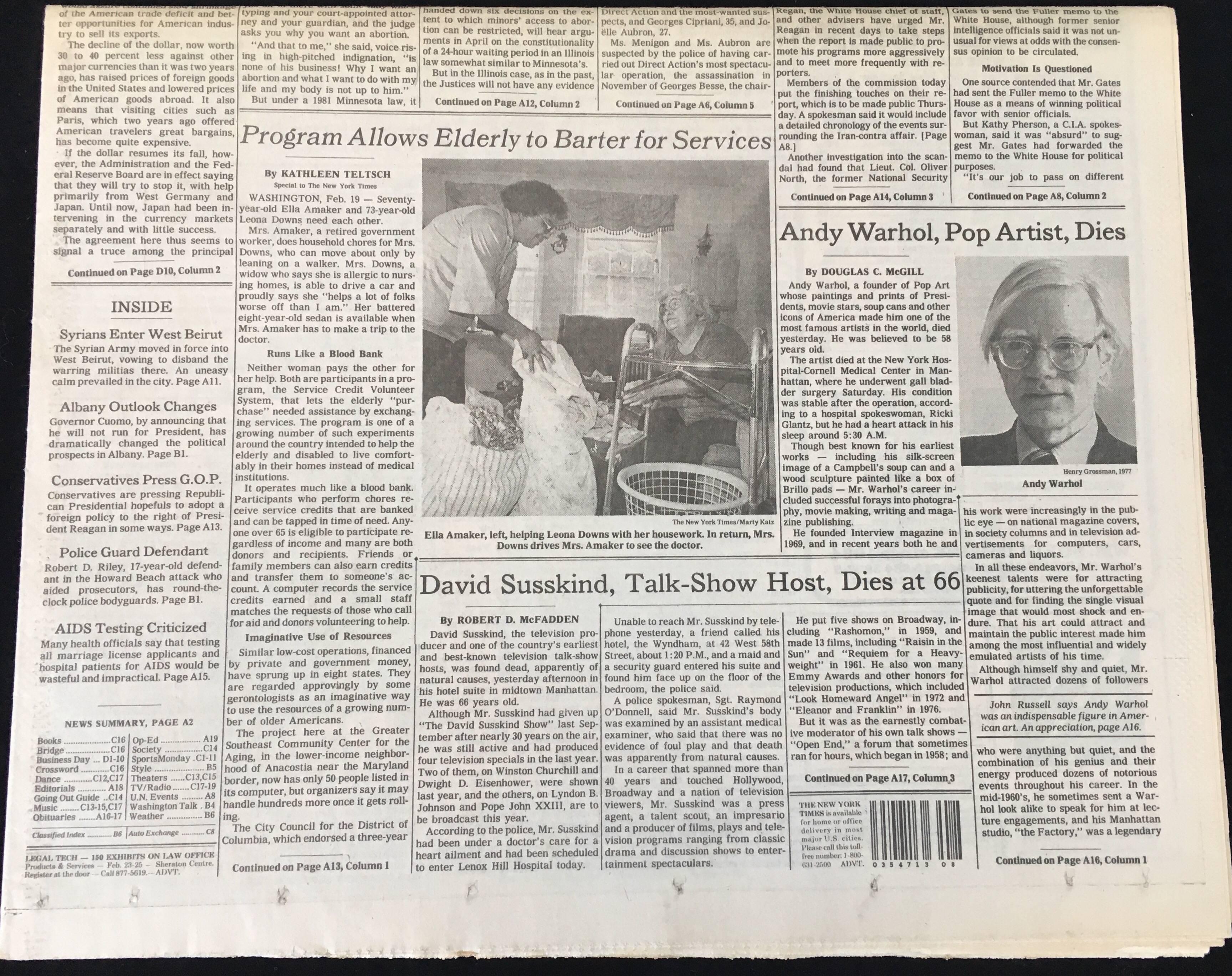 Warhol Dies! Set of 5 NY Newspapers 1