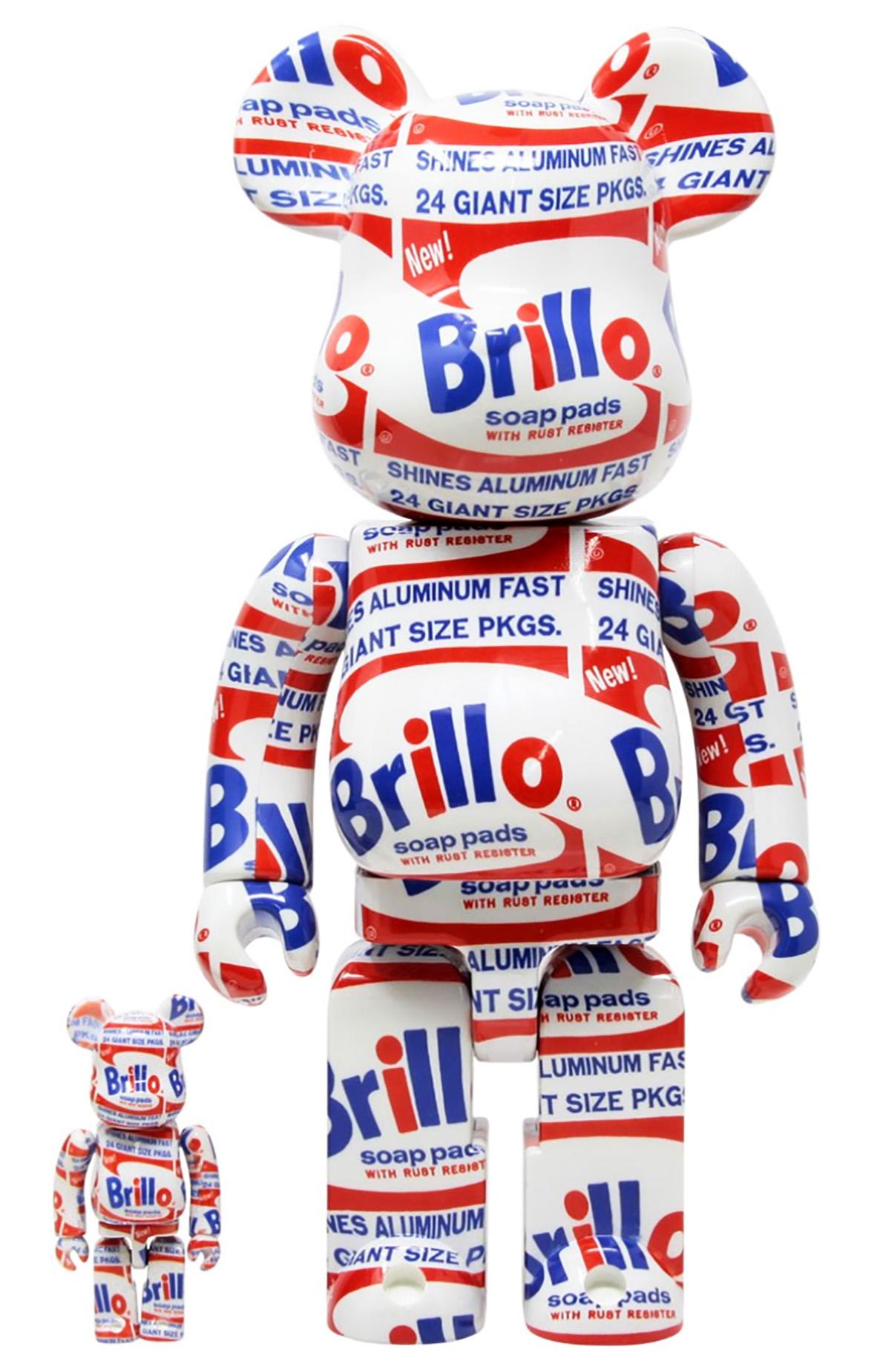 Be@rbrick x Andy Warhol Foundation "Brillo" Vinyl Figures: Set of two (400% & 100%): Andy Warhol (after) Brillo collectible trademarked & licensed by the Estate of Andy Warhol. The partnered collectible reveals Warhol‘s iconic 60s imagery wrapping