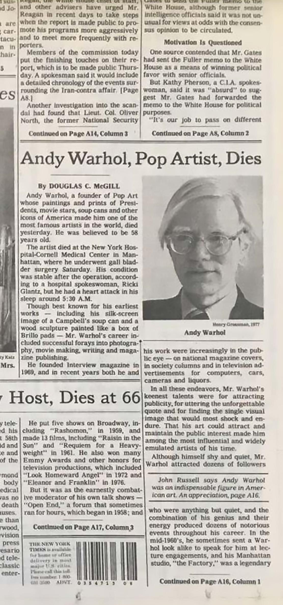 Andy Warhol mort : ensemble de 2 journaux de New York présentant la mort de Warhol  1