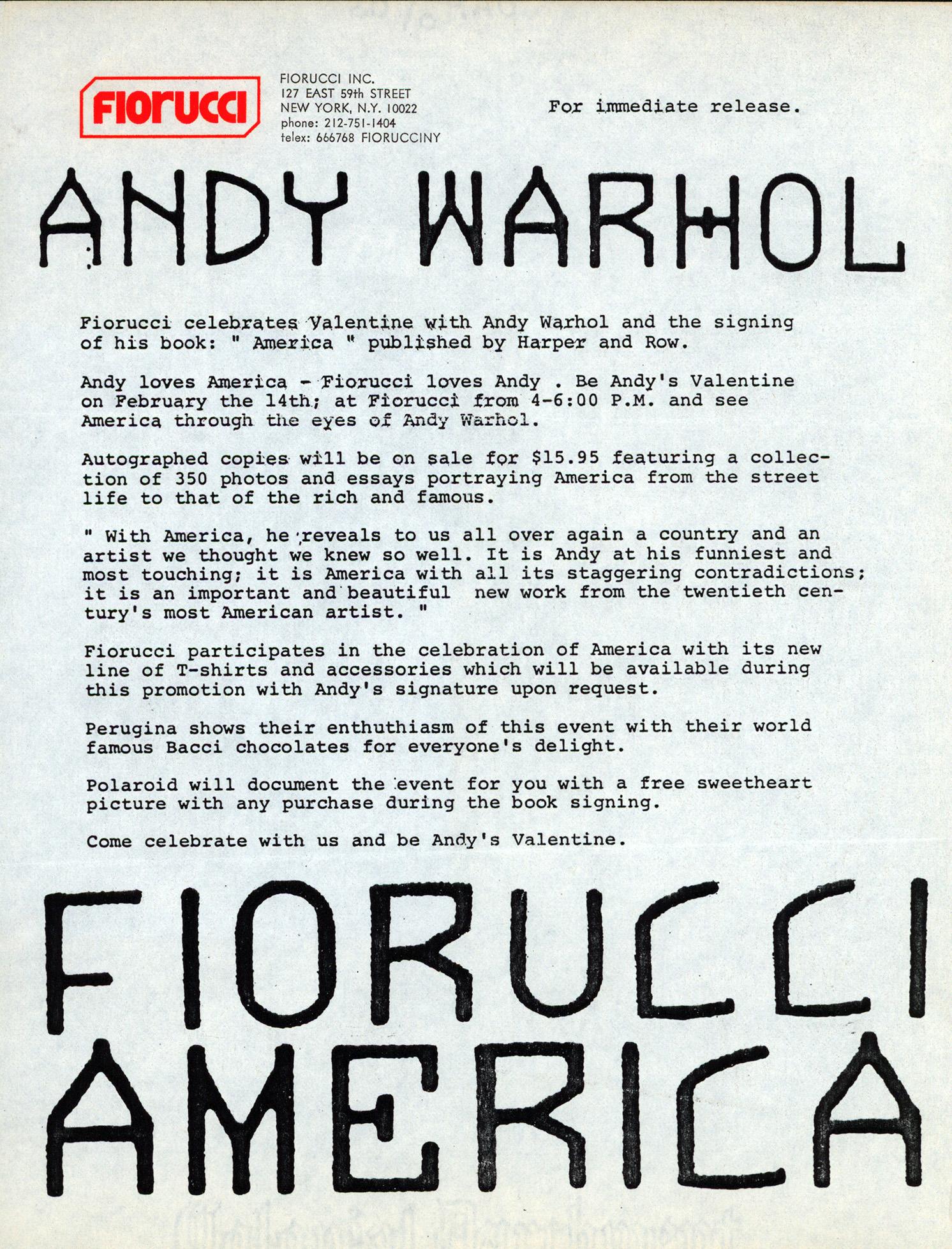 Andy Warhol Fiorucci 1986 Communiqué de presse en vente 2