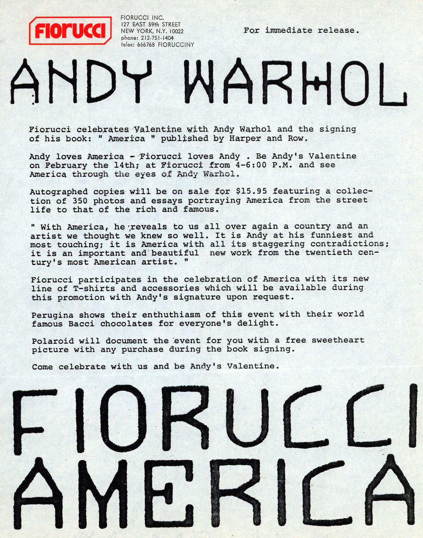 Andy Warhol Fiorucci 1986 Presseerklärung im Angebot 1