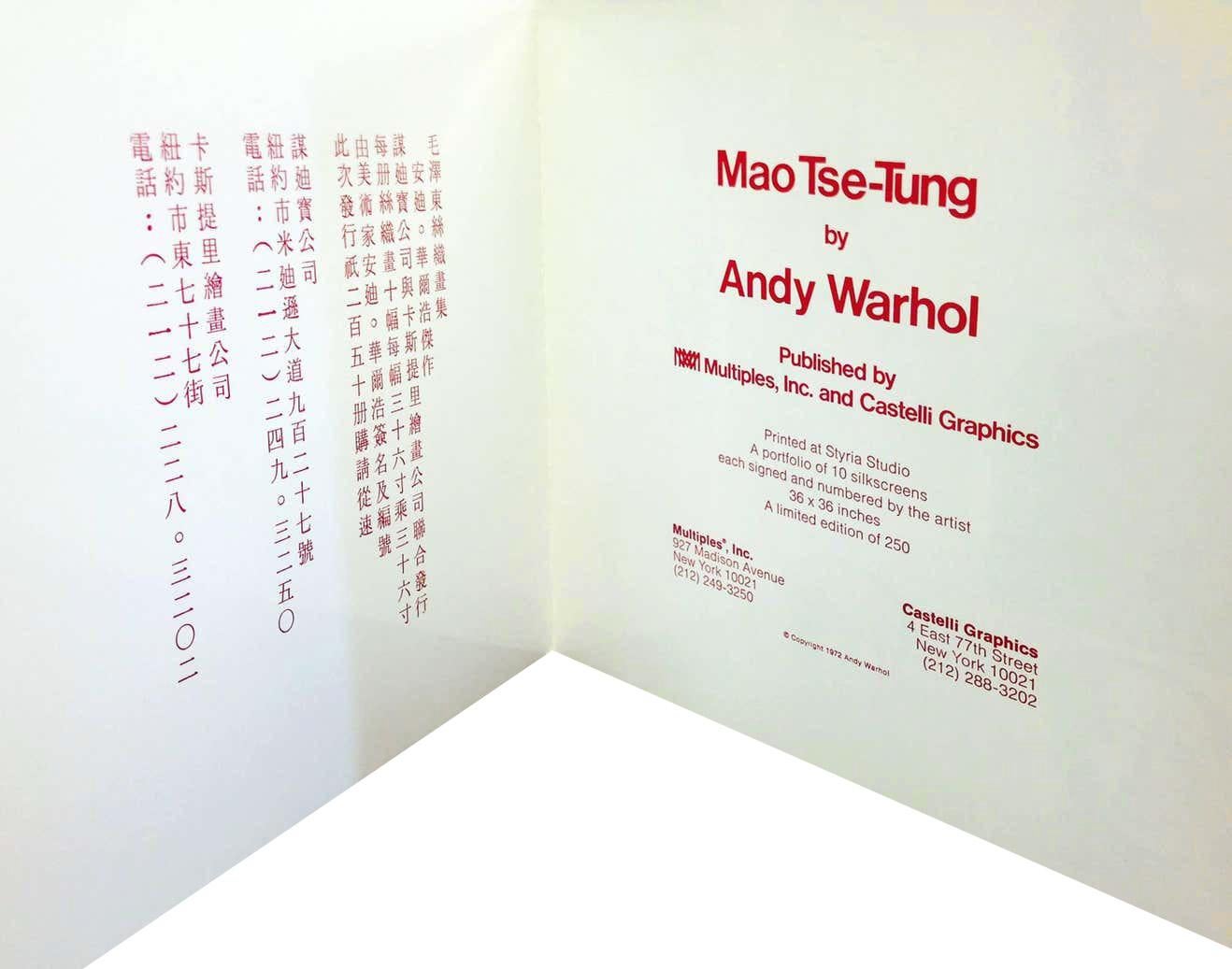 Andy Warhol Leo Castelli Gallery 1972: 
Die Galerie Leo Castelli brachte 1972 diese farbenfrohe, hochgradig sammelwürdige Andy Warhol Mao-Ankündigungskarte aus den 1970er Jahren heraus, um Andy Warhols bald erscheinende Mappe mit zehn Siebdrucken