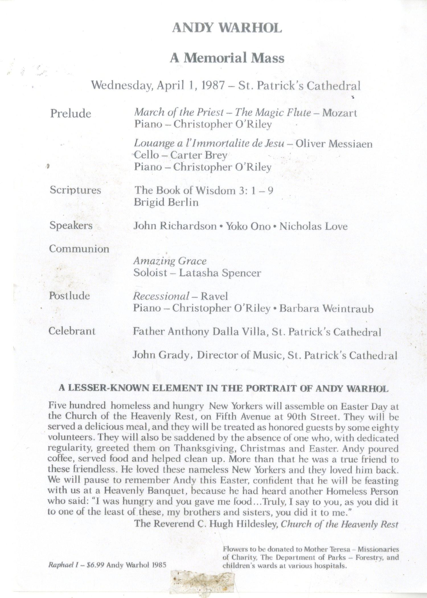 Mass Card for Andy Warhol's Funeral issued at St. Patrick's Cathedral Limited - Print by (after) Andy Warhol