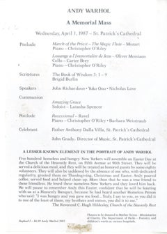 Mass Card for Andy Warhol's Funeral issued at St. Patrick's Cathedral Limited