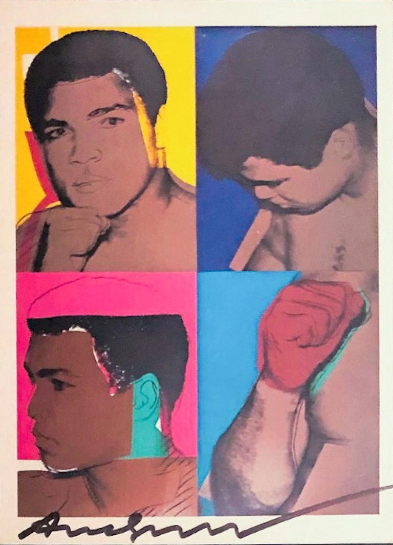 A signed exhibition postcard from 1978. This exhibition postcard was printed to commemorate the release of Warhol’s set of four screenprints – Muhammad Ali, 1978. It has been signed by Warhol in felt pen along the bottom of the card. Andy Warhol