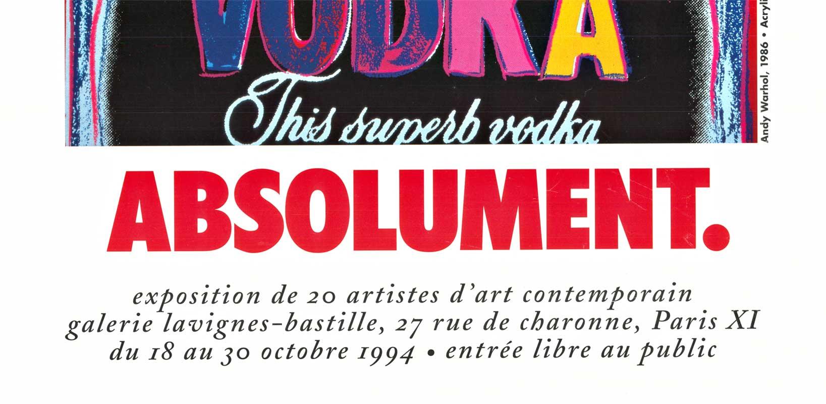 Poster originale Absolut Vodka Absolument Galerie Lavignes, Parigi - Print Pop Art di (after) Andy Warhol