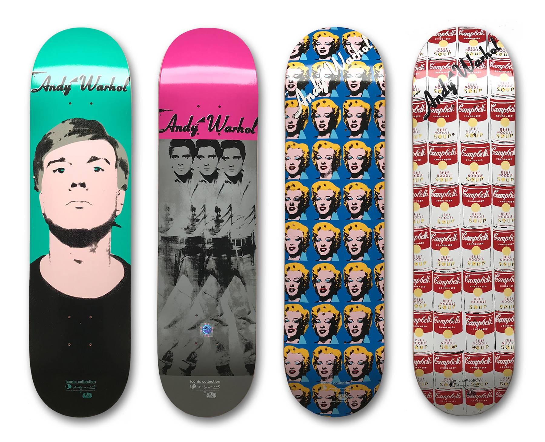 (after) Andy Warhol Figurative Print - Set of 4 Skateboard Decks (Marilyn, Warhol Portrait, Elvis, Campbells Soup Cans)