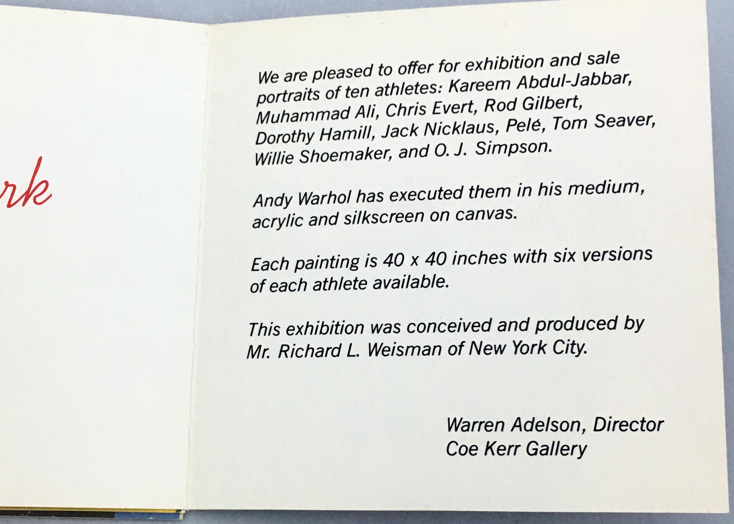 Andy Warhol's Athletes: rare vintage gallery announcement
Original 1978 fold-out announcement to advertise Andy Warhol's Athletes at Coe Kerr Gallery, NY: December 9, 1977 - January, 1978.  Opens according style to 27 inches wide to reveal 6 Warhol