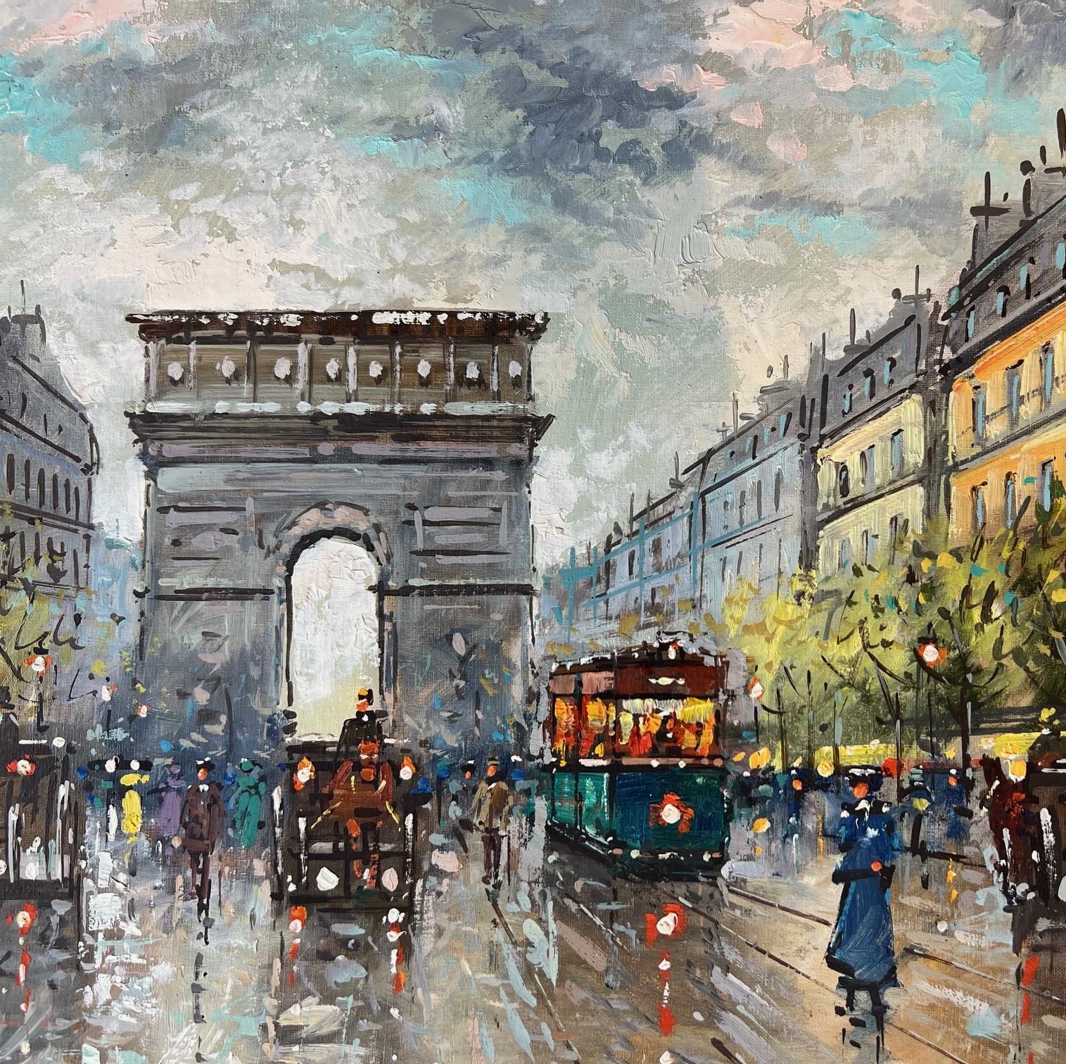 Hand-Painted After Antoine Blanchard - Champs-Élysées and Arc de Triomphe, Oil on Canvas
