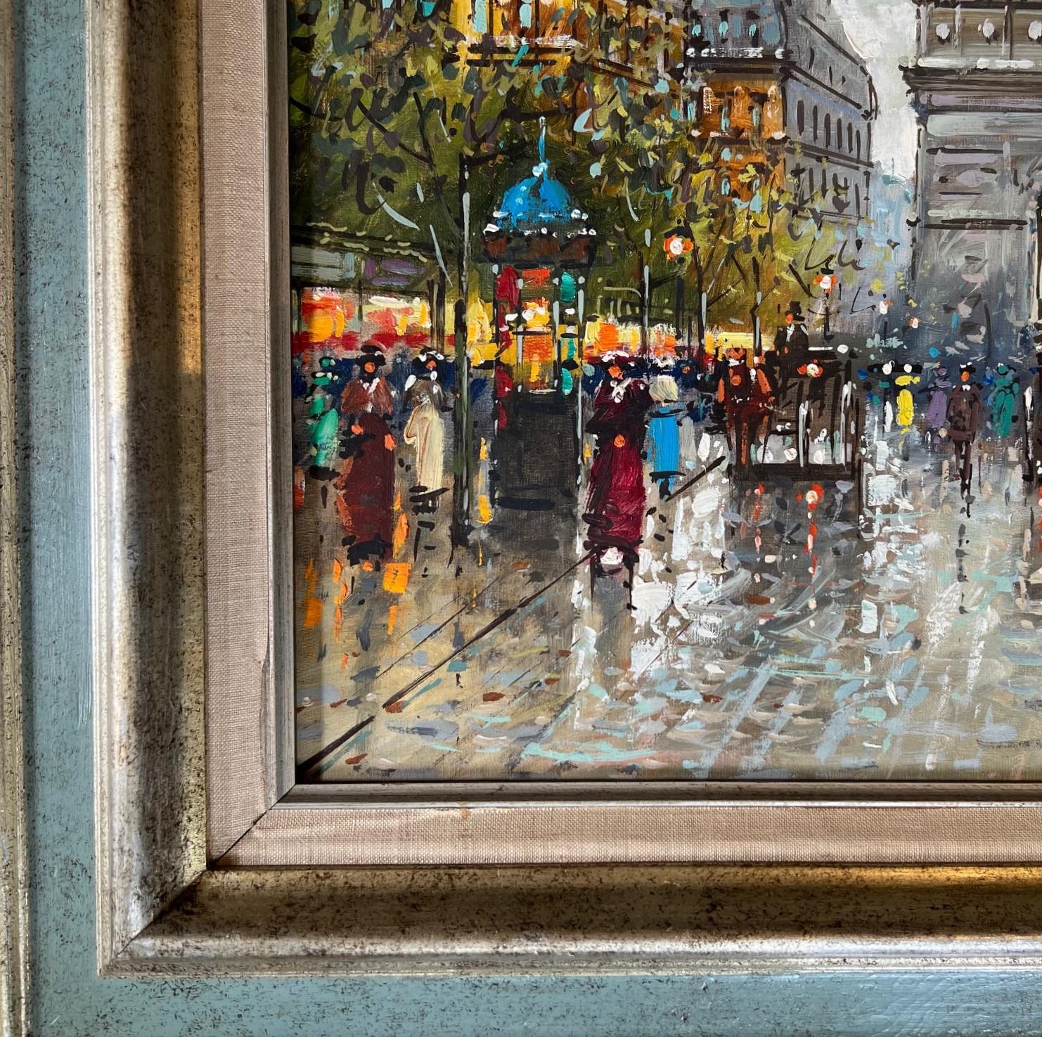 After Antoine Blanchard - Champs-Élysées and Arc de Triomphe, Oil on Canvas In Good Condition In Morristown, NJ