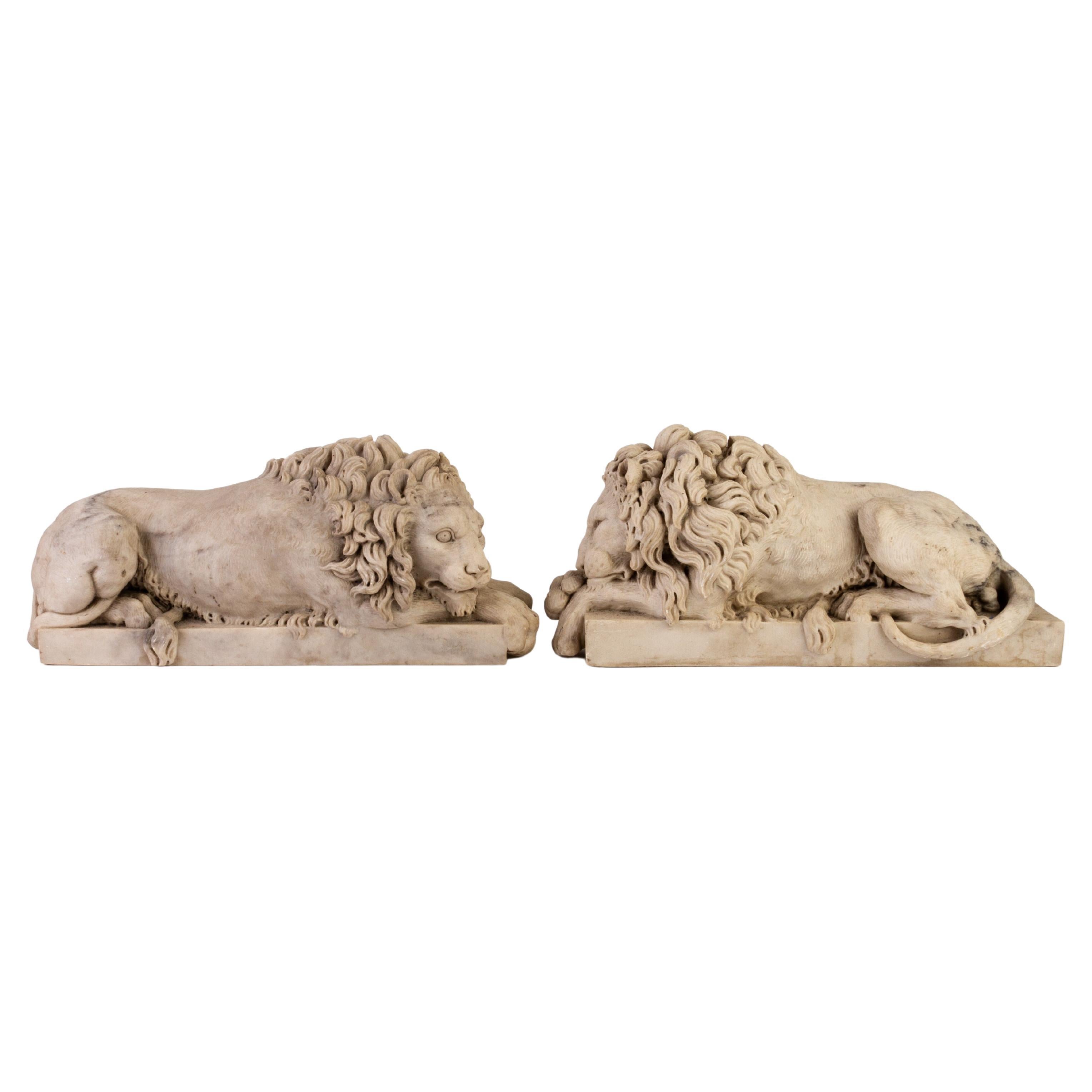 After Antonio Canova (1757-1822) Pair of Sleeping Lions Sculptures 19th Century For Sale