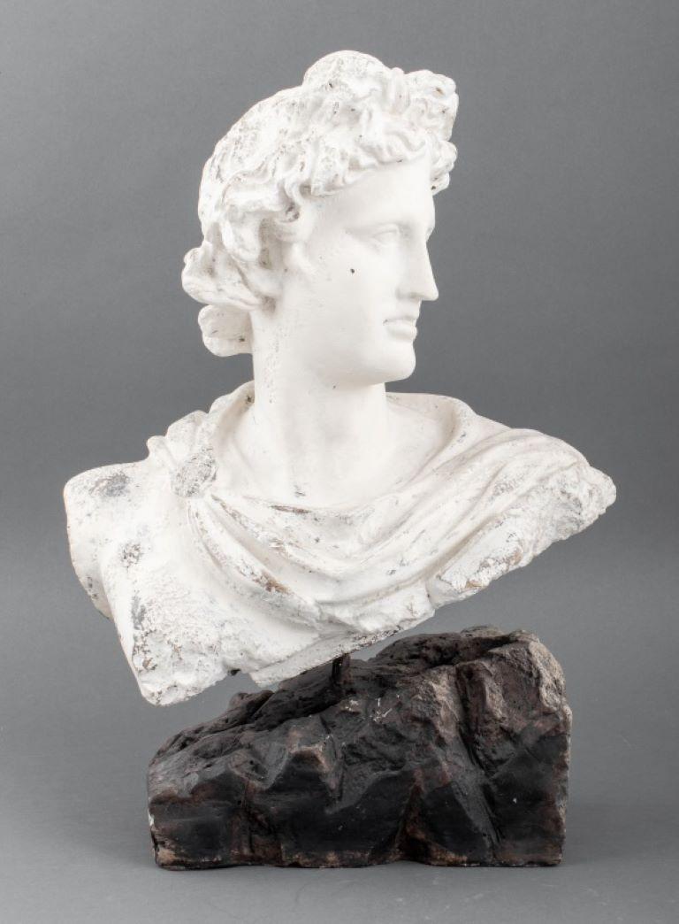 White painted cast stone bust sculpture after the Apollo Belvedere of classical antiquity, mounted on a rocky base.

Dealer: S138XX