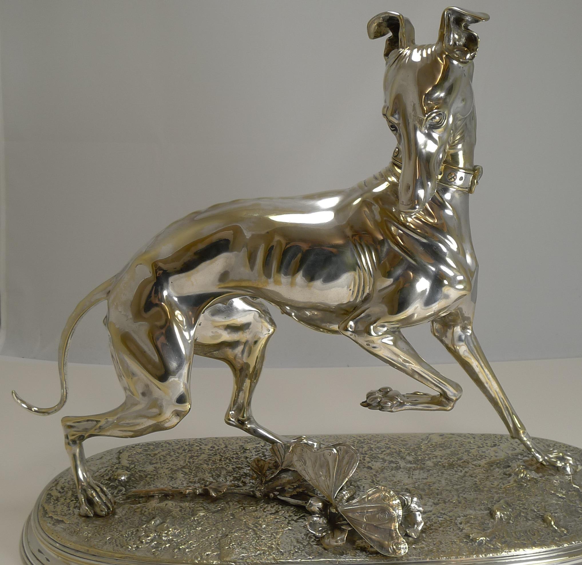 German After Arthur Waagen Silver on Bronze Sculpture, Whippet Greyhound