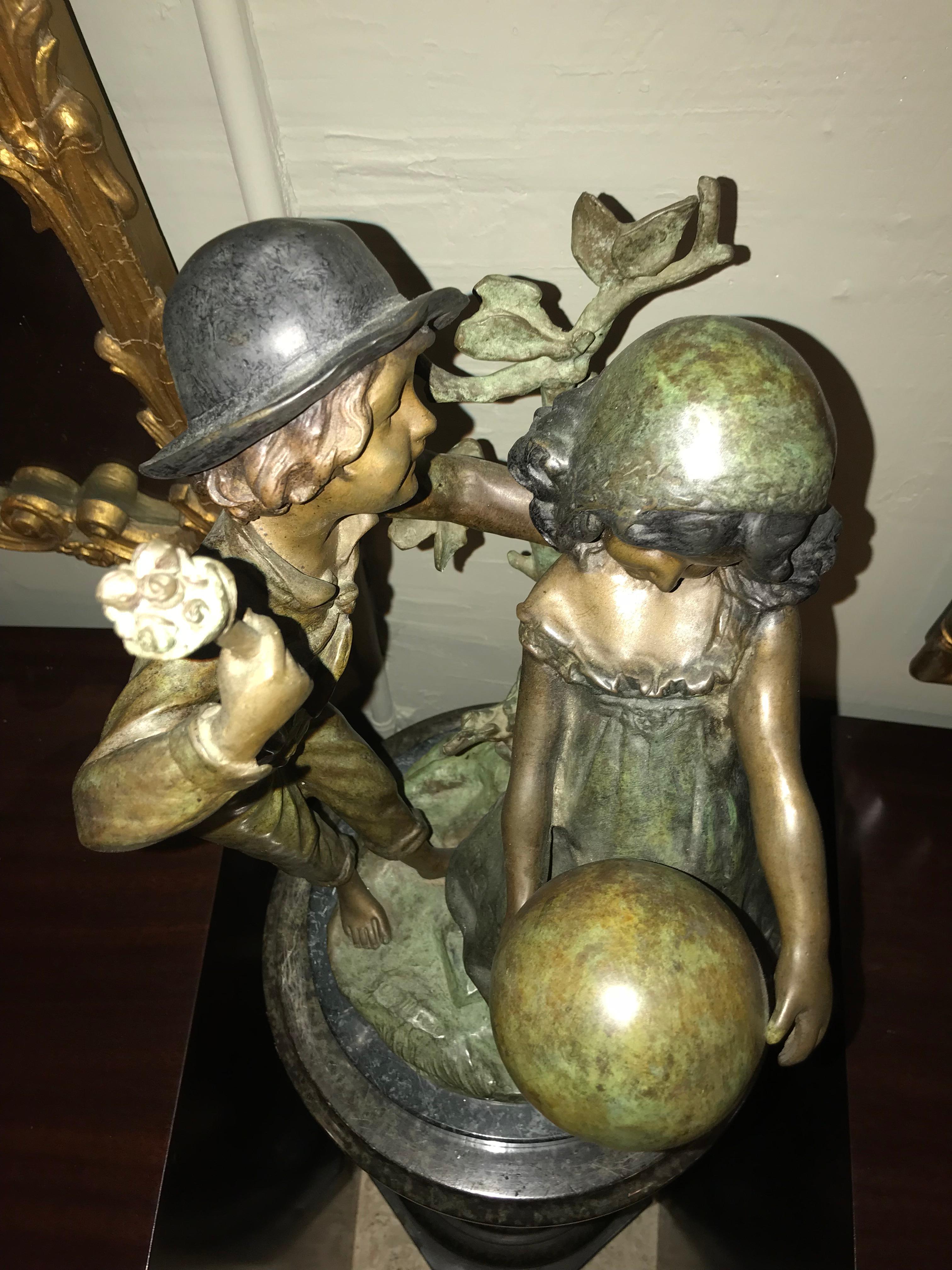 After August Moreau Antique Bronze Statue of a Boy and Girl Playing 10