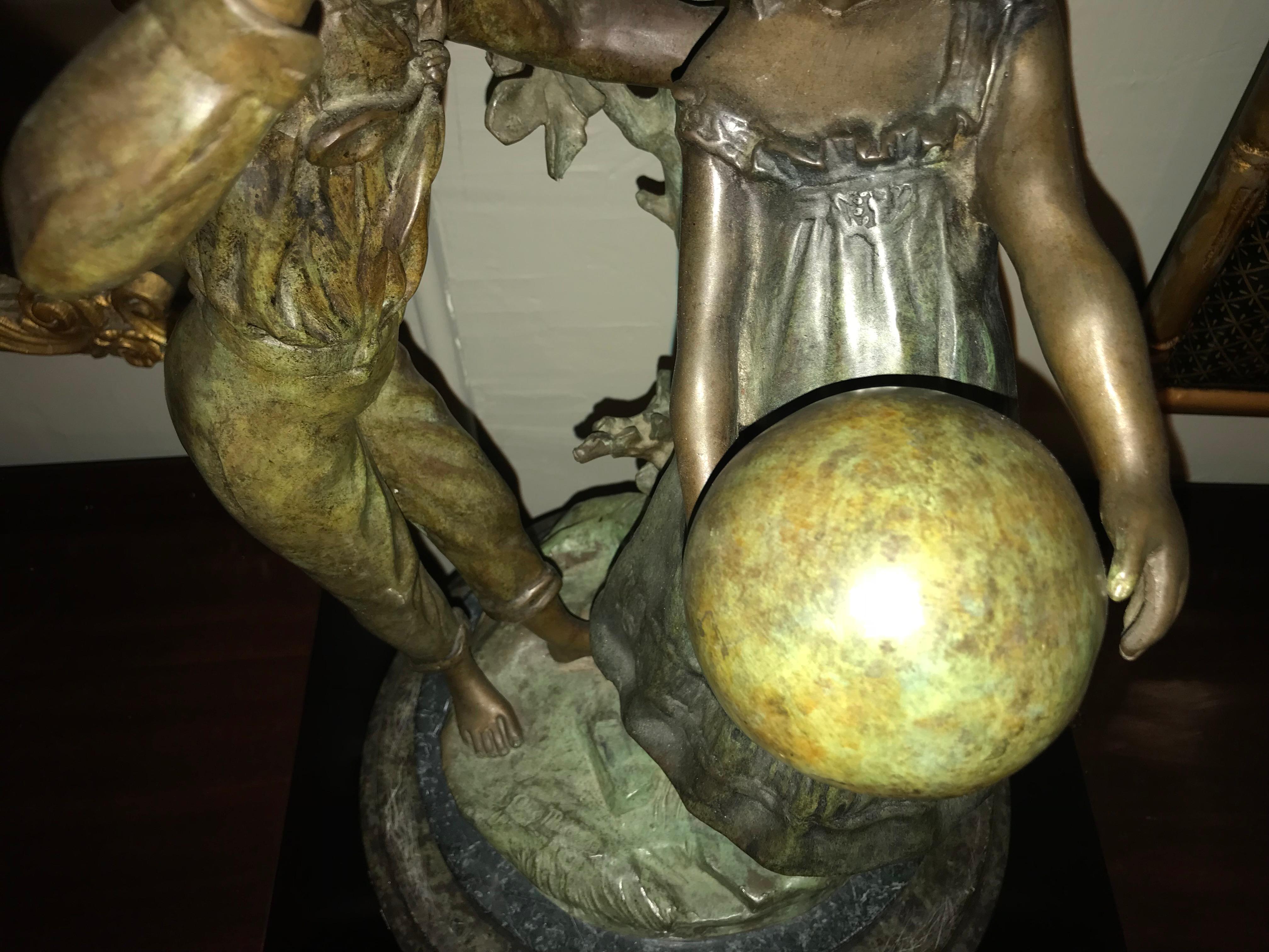 After August Moreau Antique Bronze Statue of a Boy and Girl Playing In Good Condition In Stamford, CT