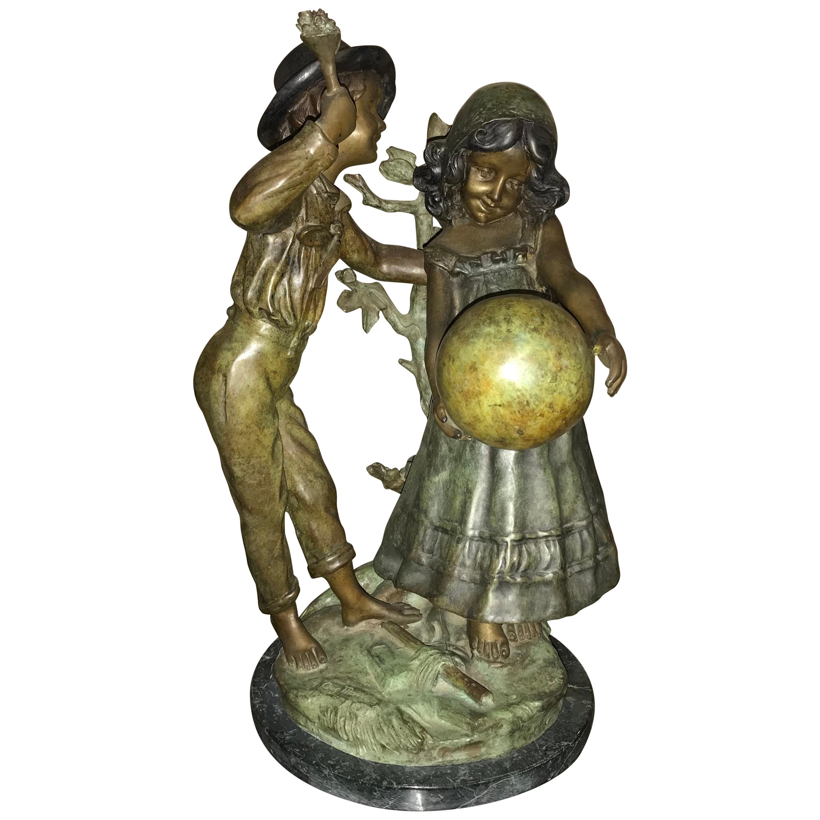 After August Moreau Antique Bronze Statue of a Boy and Girl Playing