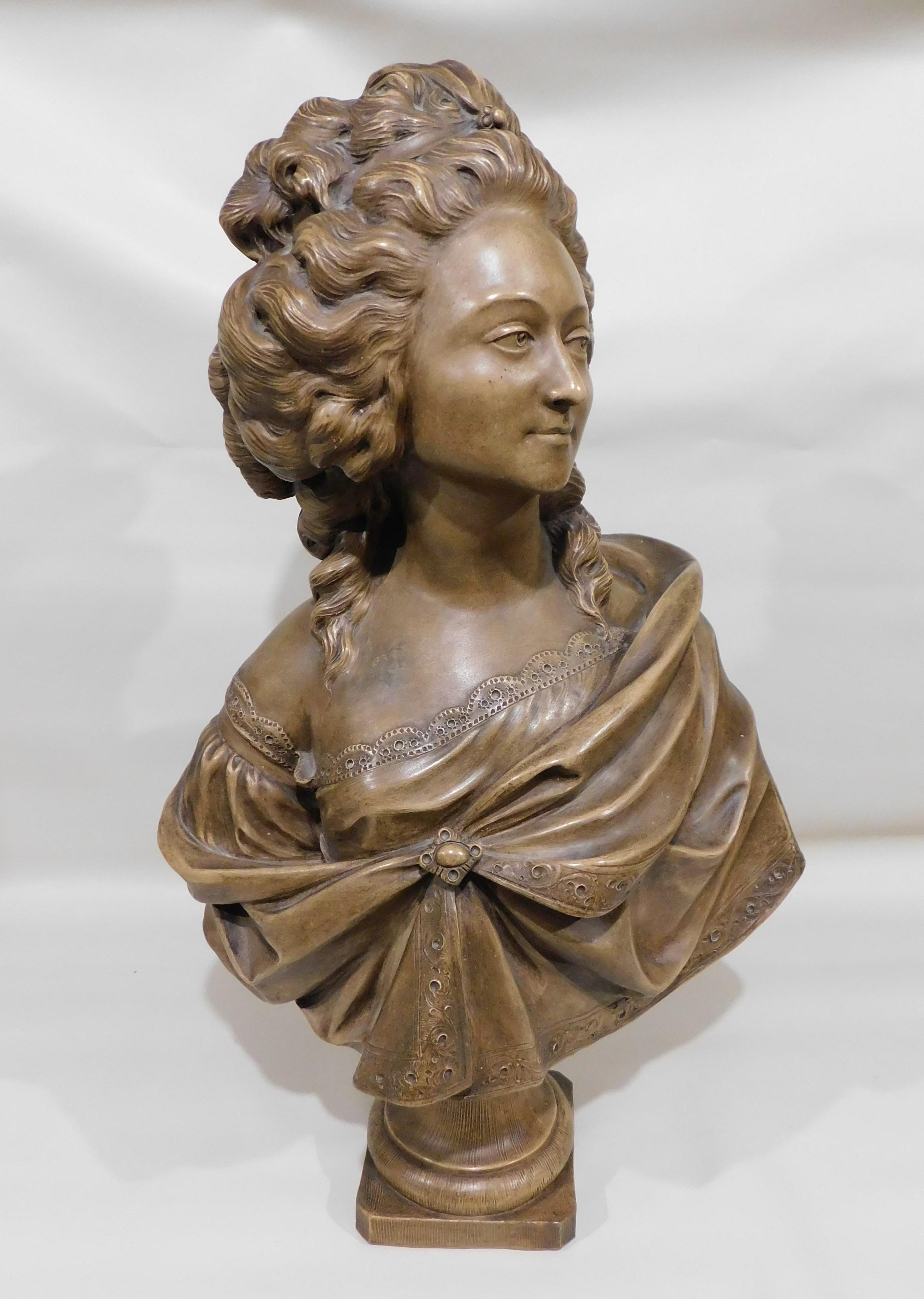 Large 19th century terracotta ceramic figurative sculpture, beautifully hand crafted after French neoclassical sculptor Augistin Pajou. Possible to be Marie Antoinette born Maria Antonia Josepha Johanna (November 1755 – October 1793) who was the