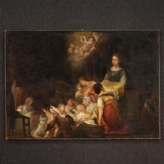 18th Century Oil on Canvas Spanish Antique Painting The Nativity of the Virgin