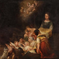 18th Century Oil on Canvas Spanish Antique Painting The Nativity of the Virgin