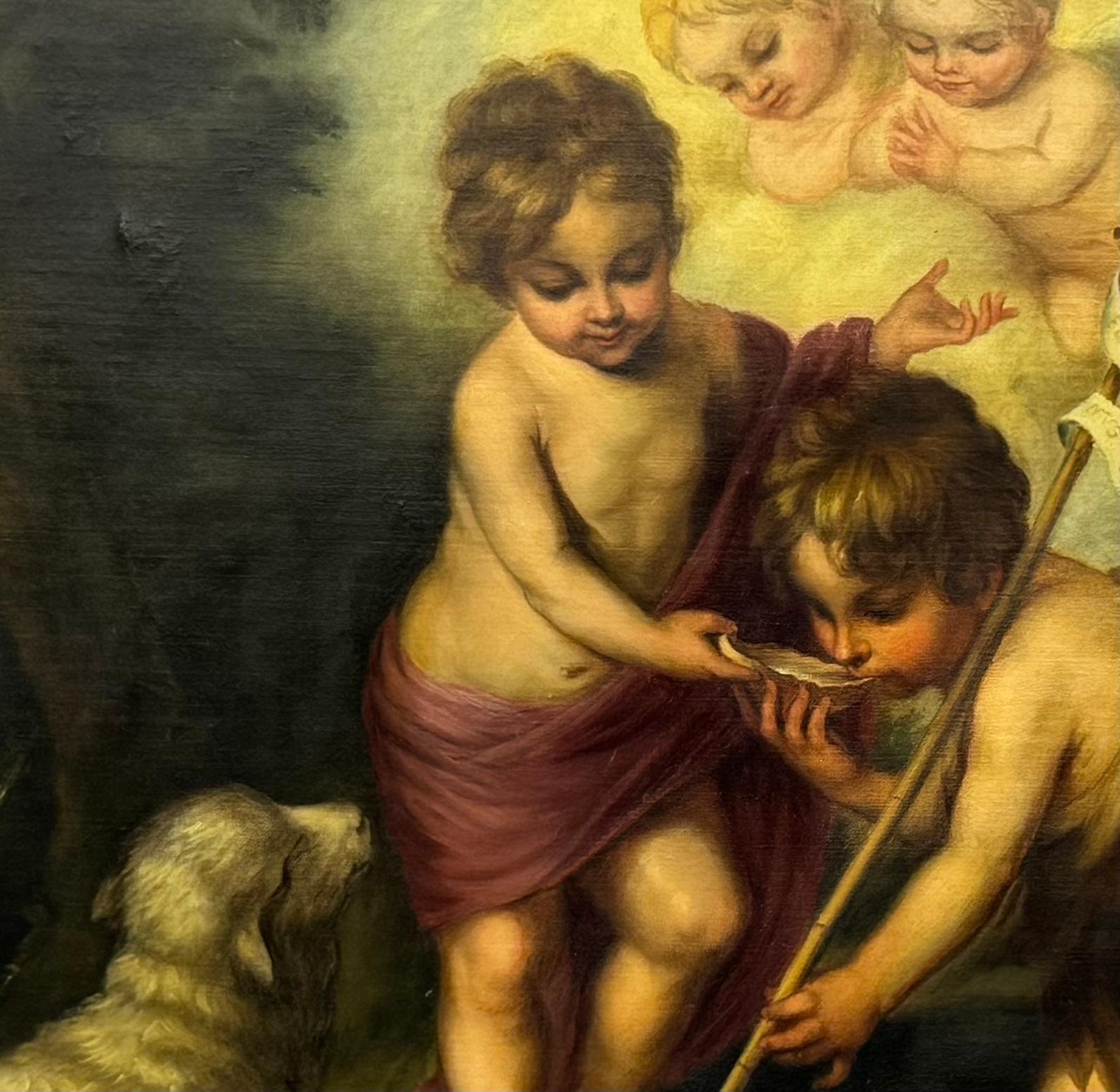 Siglo XIX Óleo sobre lienzo El Niño Jesús y el niño Juan Bautista en venta 1