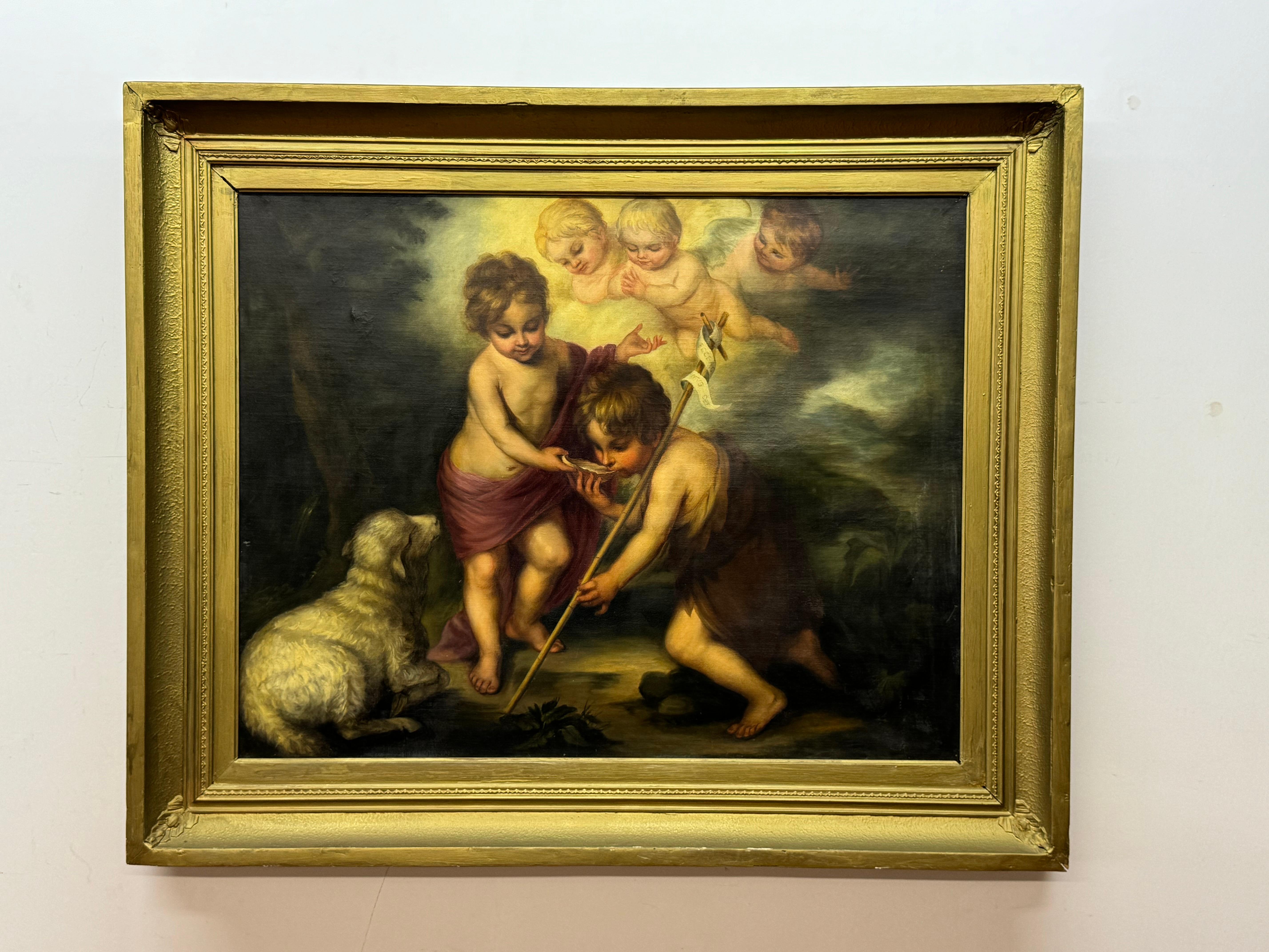 Figurative Painting de (After) Bartolomé Esteban Murillo - Siglo XIX Óleo sobre lienzo El Niño Jesús y el niño Juan Bautista