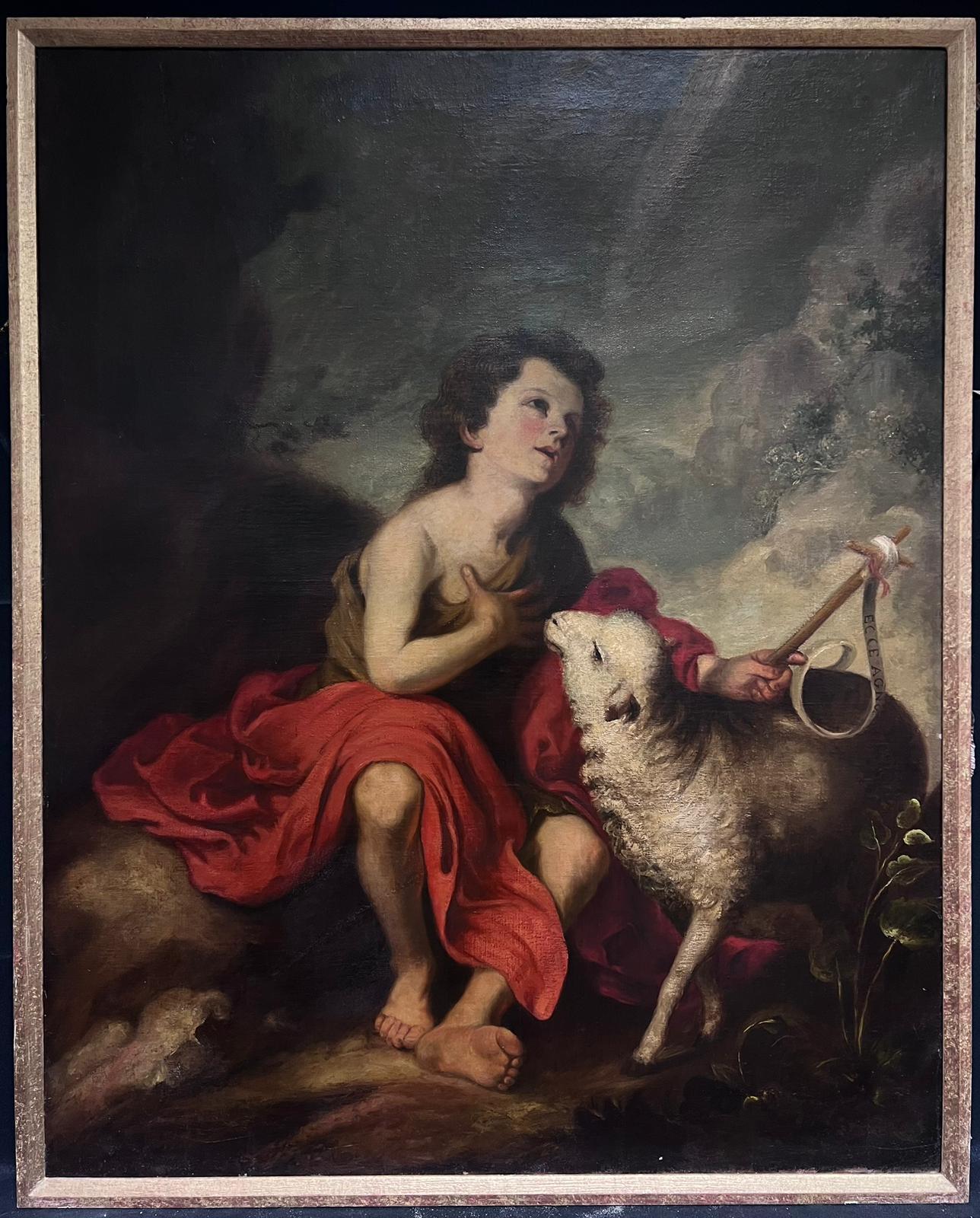 Huge Spanish Old Master Oil Painting after Murillo St. John the Baptist & Lamb - Black Animal Painting by (After) Bartolomé Esteban Murillo