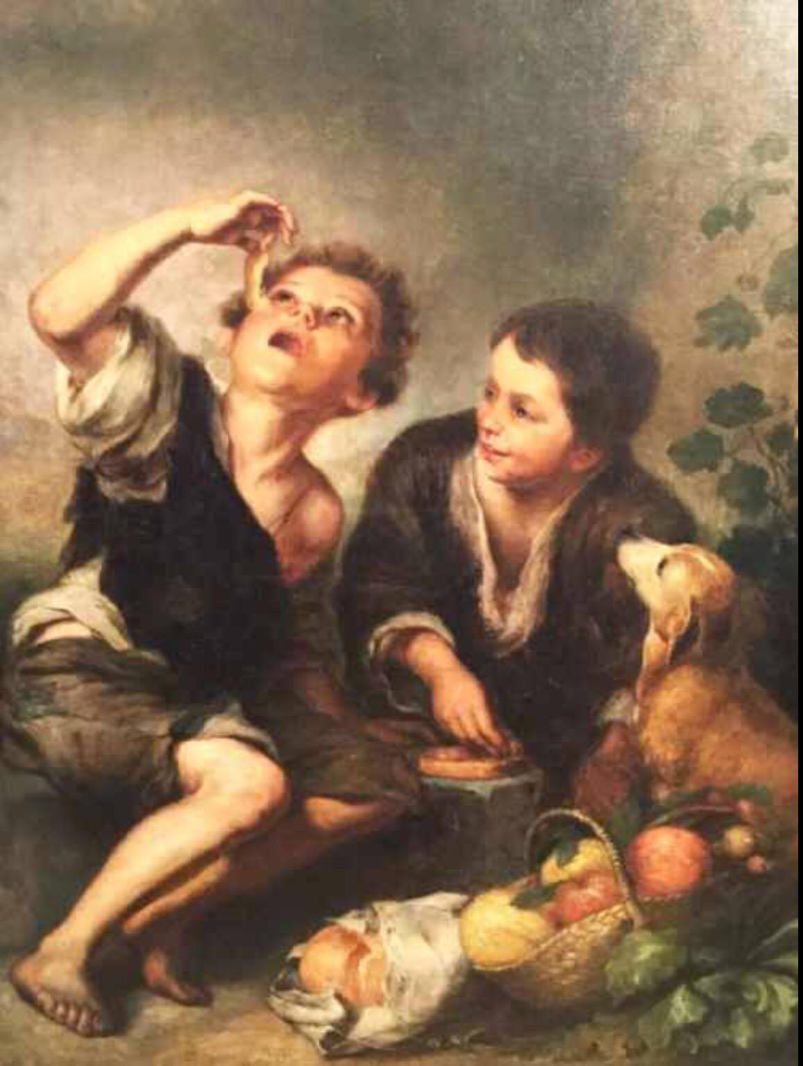 The Pie Eaters After Bartolome Esteban Murillo European School Oil Painting - Brown Figurative Painting by (After) Bartolomé Esteban Murillo