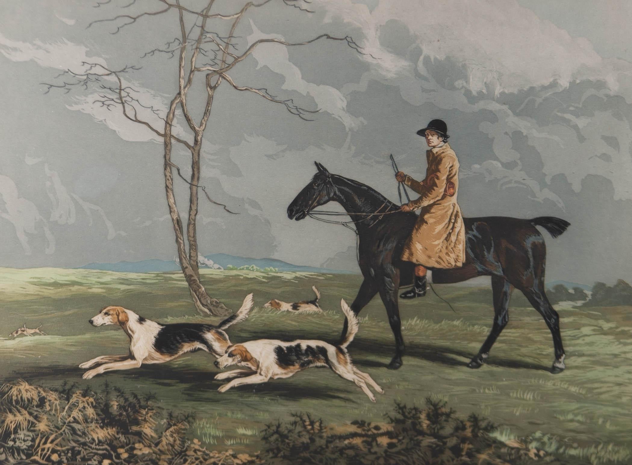 A fine print with an unusual mix of aquatint, etching and hand colouring. The aquatint background has a softer feel than the hard edged images of the hounds, horse and rider. There is an inscription at the bottom with the title, including the name