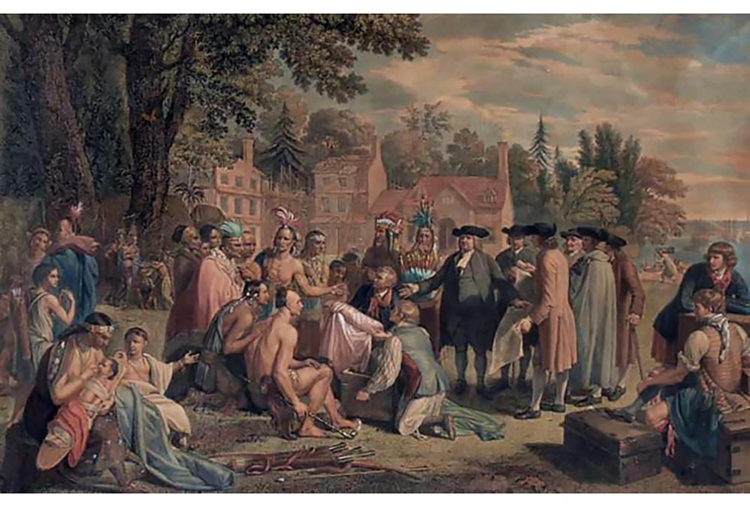Handkoloriertes Kupferstich „William Penns Vertrag mit den Indianern“ nach Ben West – Print von (After) Benjamin West