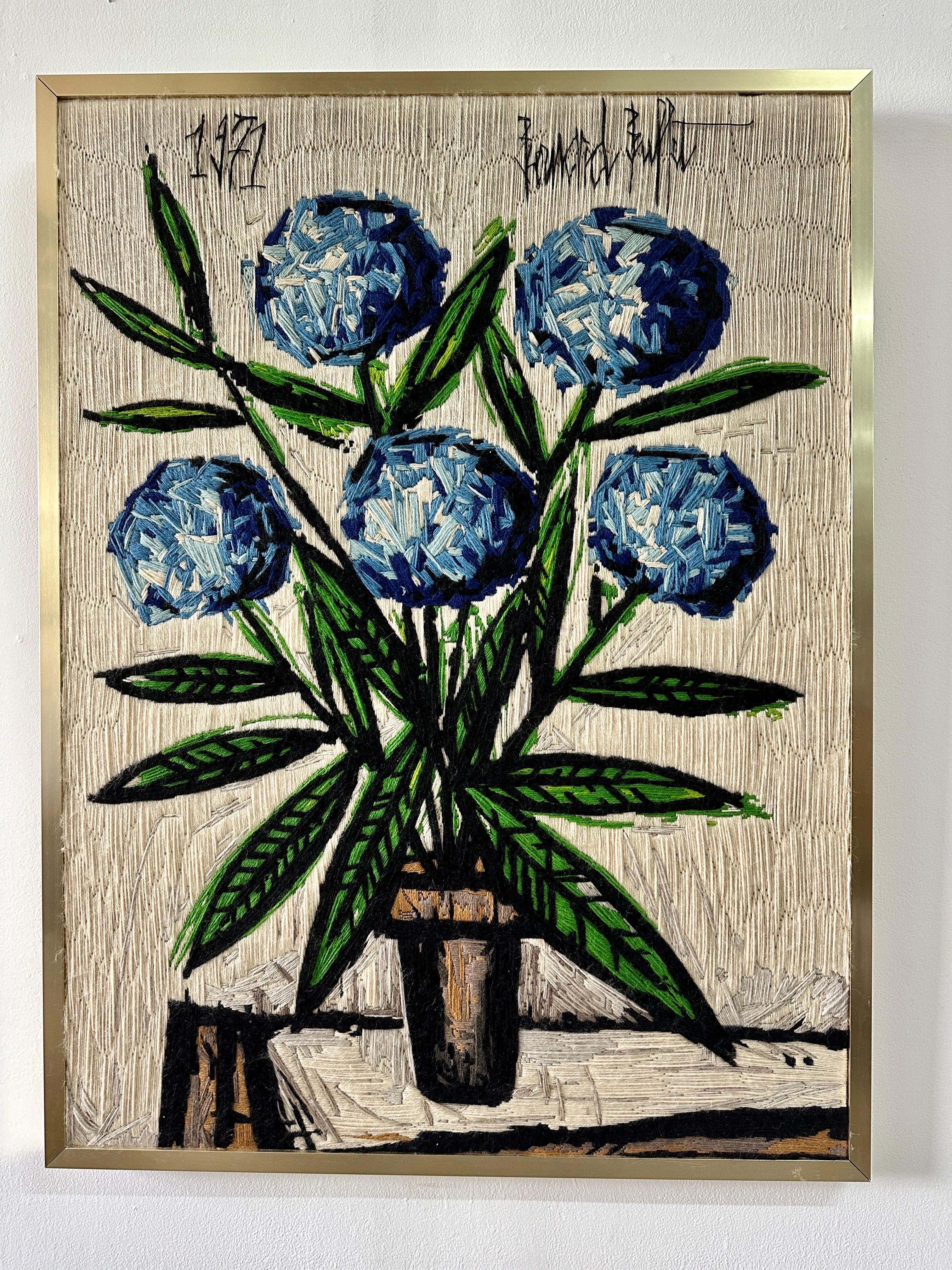 Late 20th Century After Bernard Buffet 1971 Blue Hydrangeas Wool Tapestry Framed Wall Art For Sale