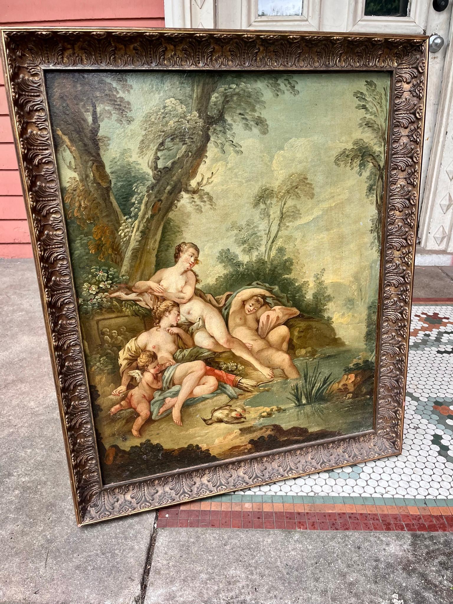 After Boucher.  
In overall very good shape. Minor scattered losses. Later frame but well carved and with an antique gilt finish. Good colors and detail

More than any other artist, François Boucher (1703–1770) is associated with the formulation of