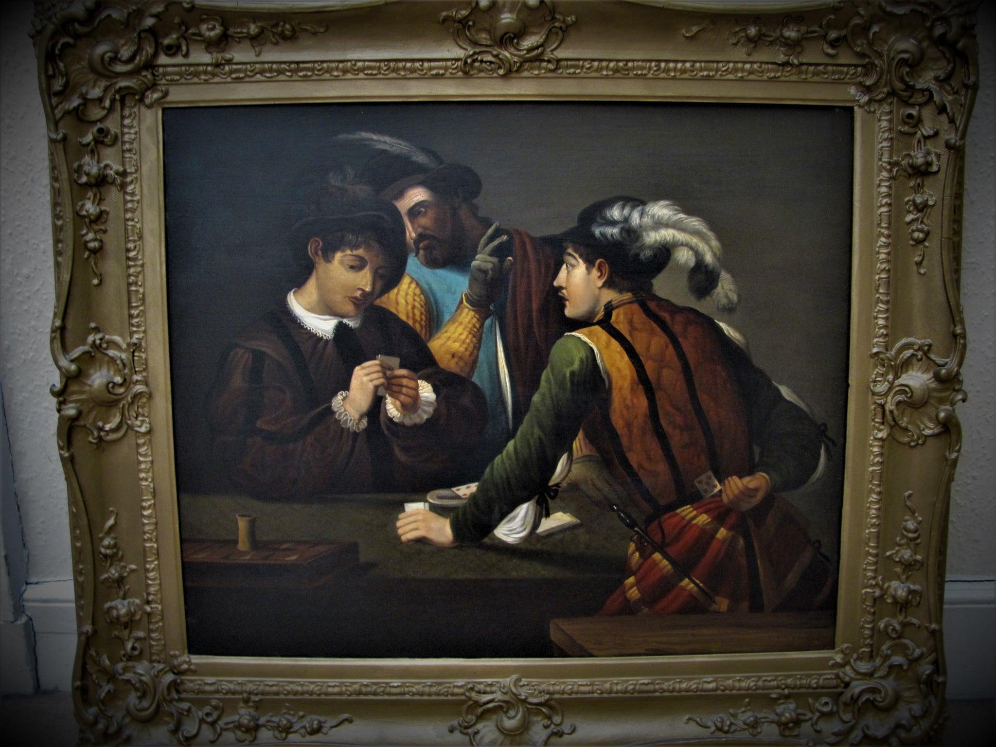 Porträt aus dem 19. Jahrhundert nach caravaggio „Die Kartenspitzen“ – Painting von (After) Caravaggio
