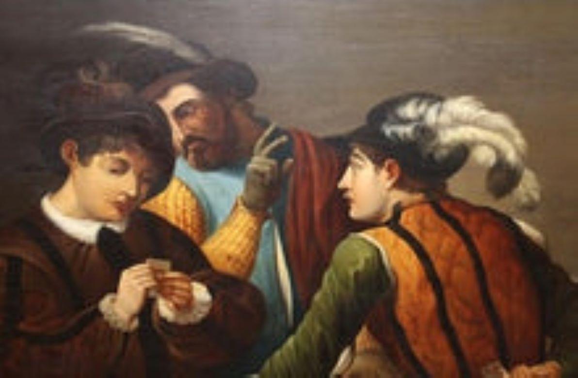 Portrait du 19e siècle d'après le caravaggio « Les pinces à cartes » - Maîtres anciens Painting par (After) Caravaggio