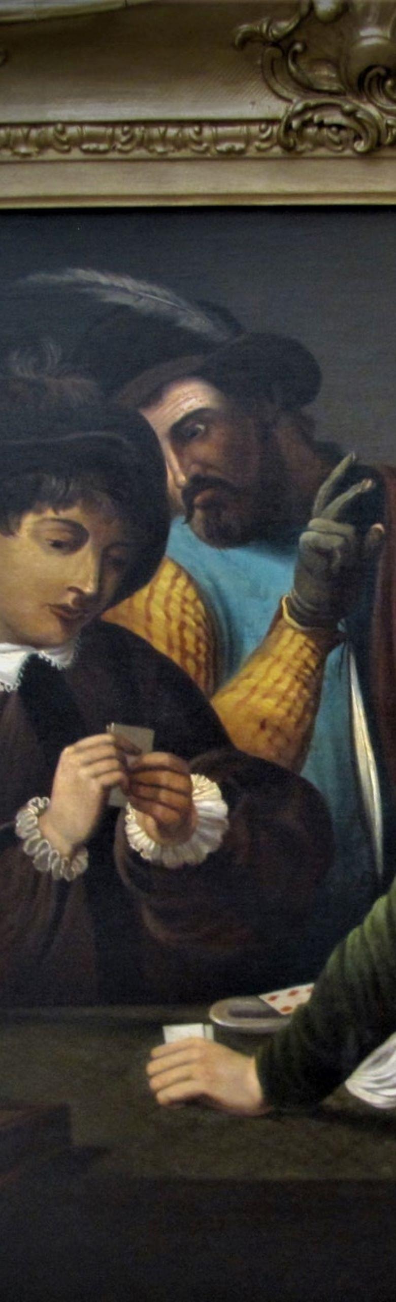 Porträt aus dem 19. Jahrhundert nach caravaggio „Die Kartenspitzen“ (Schwarz), Interior Painting, von (After) Caravaggio