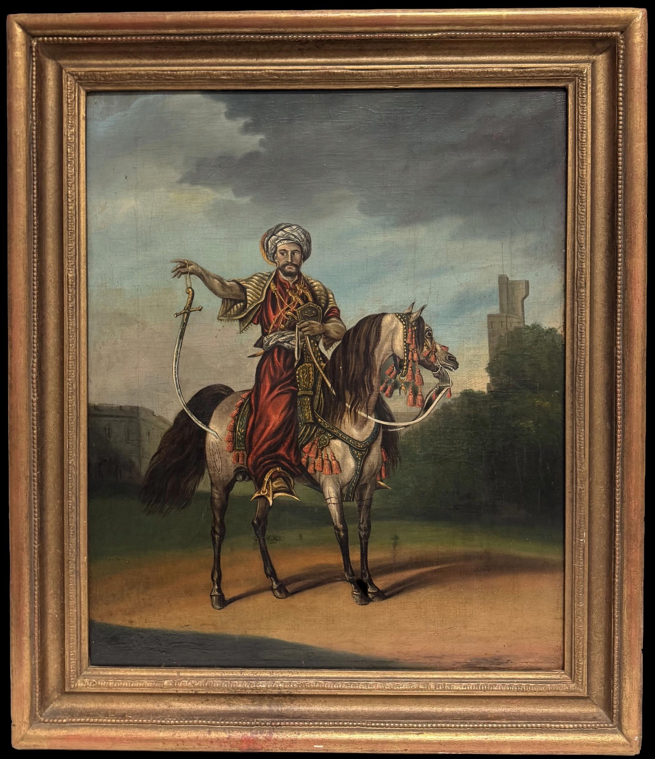 Mamluk Horseman Drawn Sword on Horseback Orientalist Oil Painting Framed