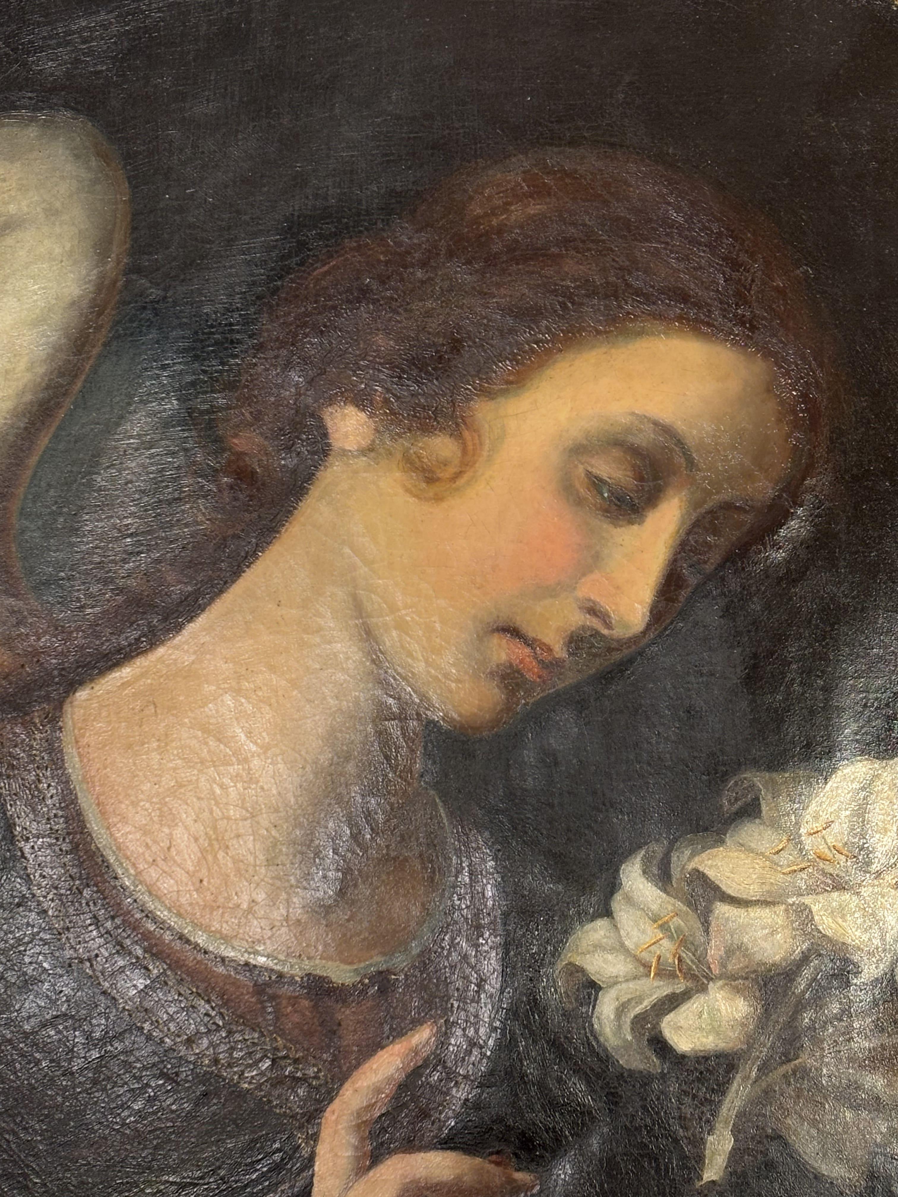 Après Carlo Dolci. Belle huile sur toile représentant l'Annonciation, école toscane, Italie dans le style de la Renaissance. 
Le tableau se distingue par sa finesse d'exécution et son harmonie chromatique, notamment dans les détails du visage et du