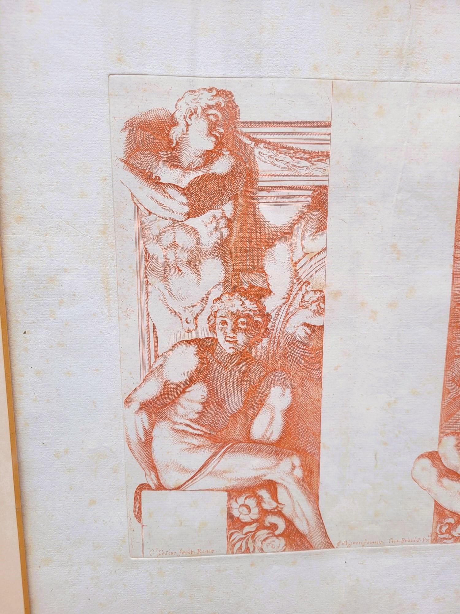 Ces gravures, imitant la technique de la craie rouge, représentent les travaux préparatoires pour les Atlantes de la Gallery Farnese à Rome, selon Carracci. On y trouve les mentions 