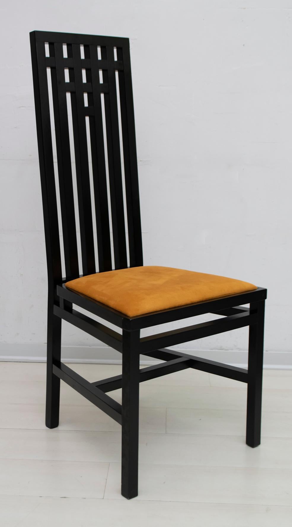 Ebonized Four Mackintosh Style Black Lacquered High Back Chairs, 1979
