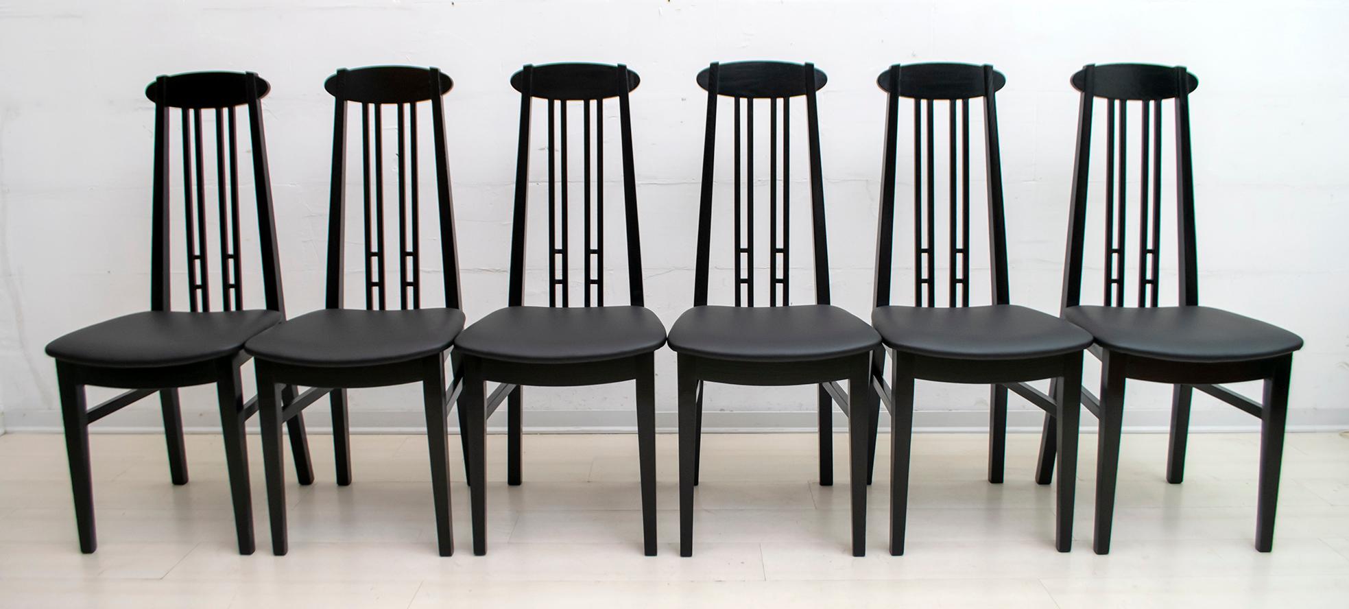 Art Nouveau After Charles Rennie Mackintosh 6 Black Lacquered High-Backed Chairs, 1979