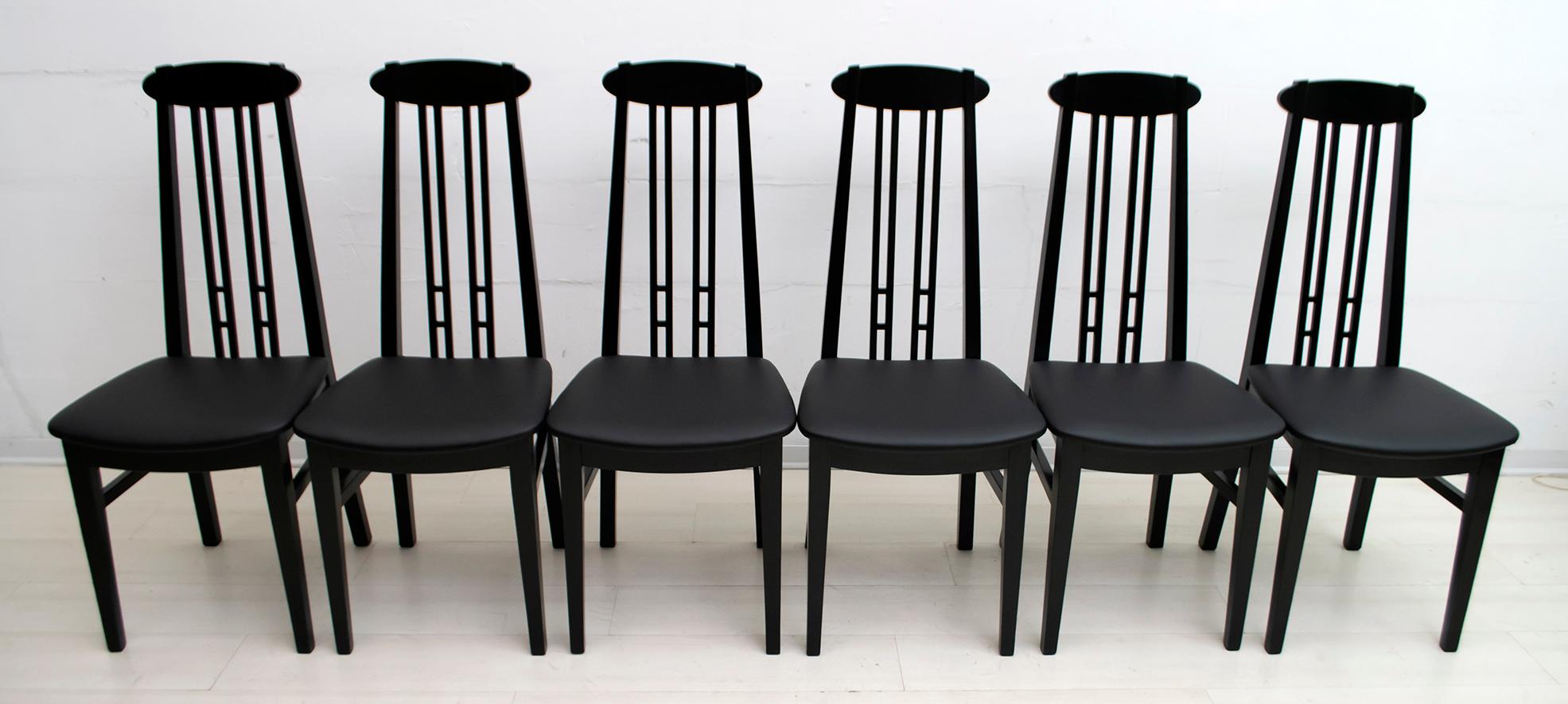 Italian After Charles Rennie Mackintosh 6 Black Lacquered High-Backed Chairs, 1979