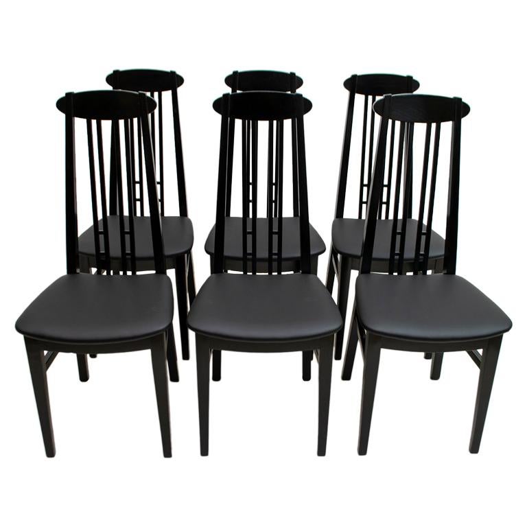 After Charles Rennie Mackintosh 6 Black Lacquered High-Backed Chairs, 1979