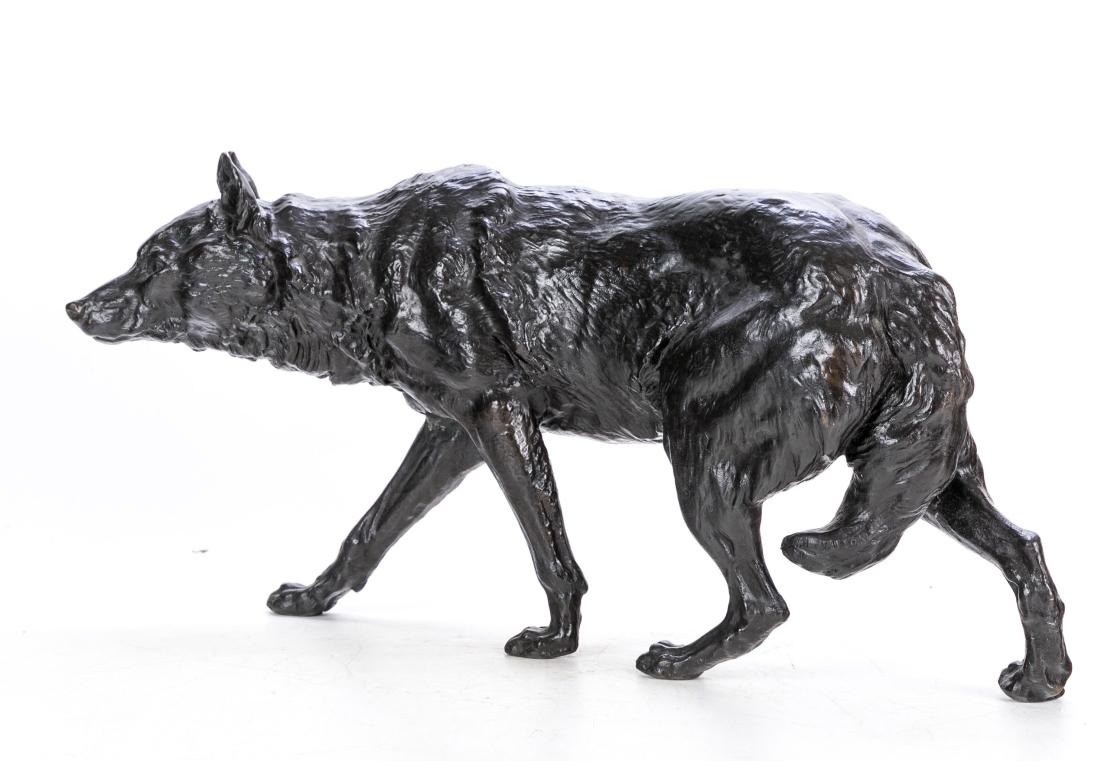 Patinated After Charles Valton Bronze Wolf Sculpture For Sale