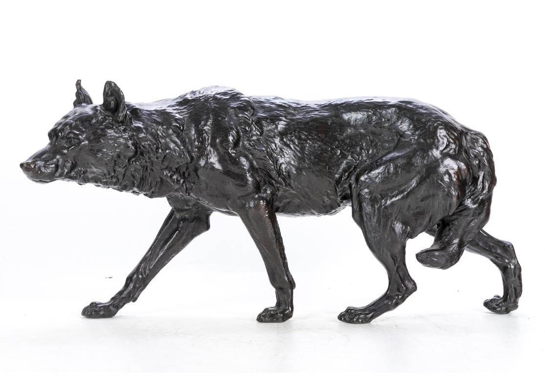 After Charles Valton Bronze Wolf Sculpture In Good Condition For Sale In Bridgeport, CT