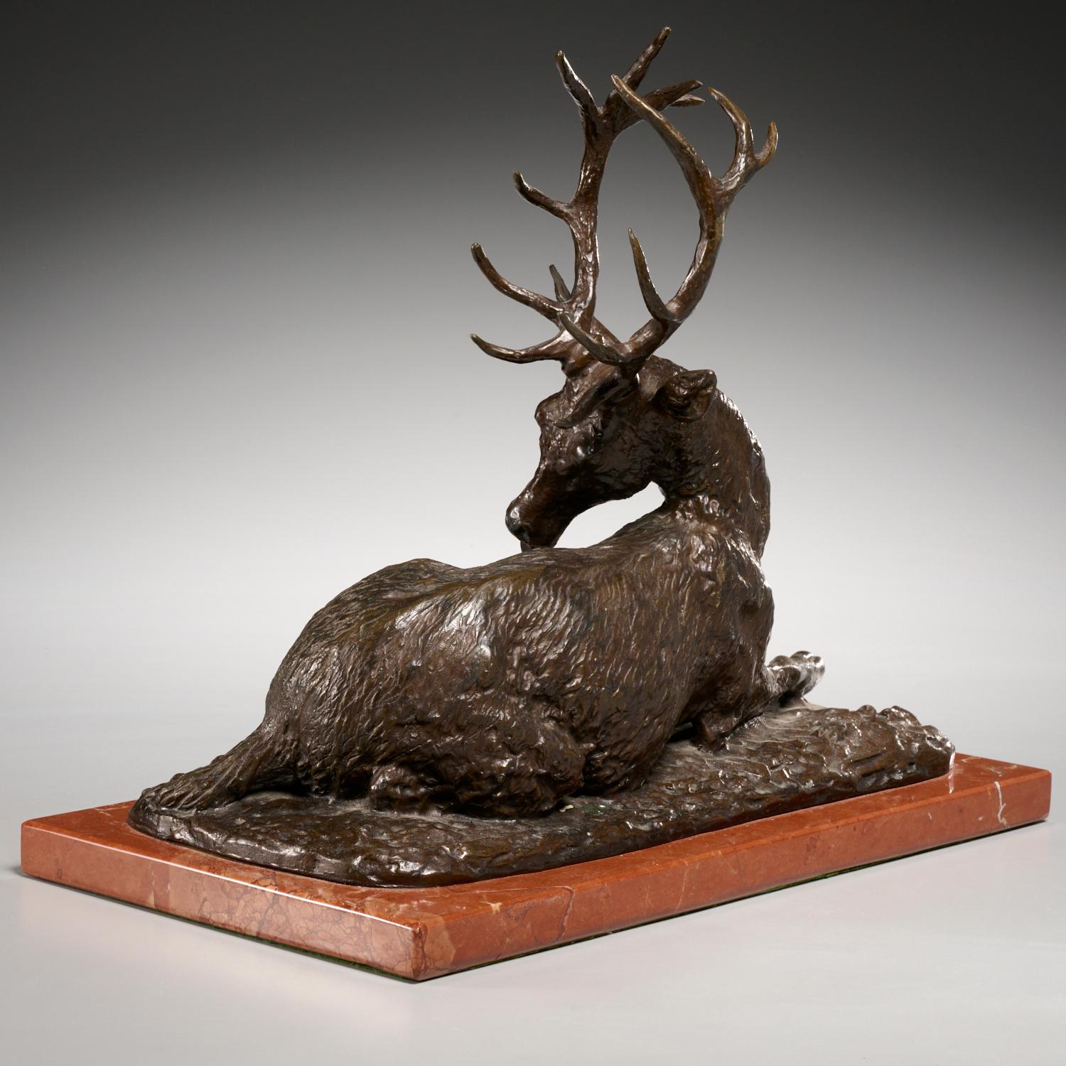 French After Christophe Fratin (Signed), Grooming 12 Point Stag in Patinated Bronze  For Sale