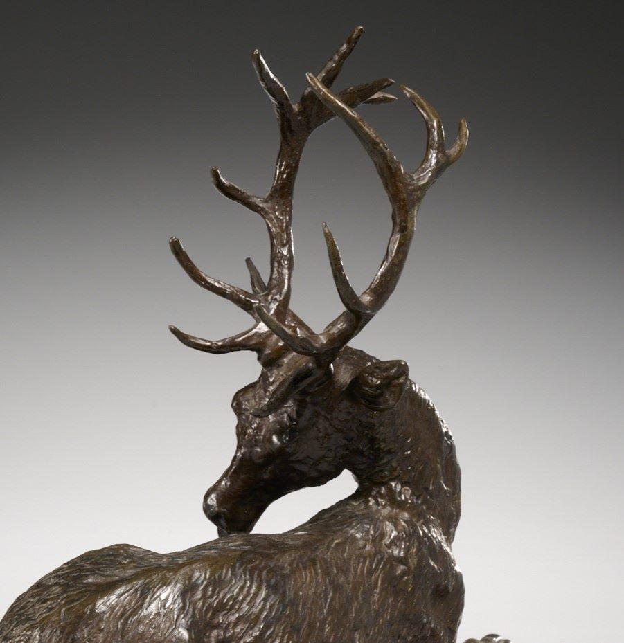 After Christophe Fratin (Signed), Grooming 12 Point Stag in Patinated Bronze  In Good Condition For Sale In Morristown, NJ