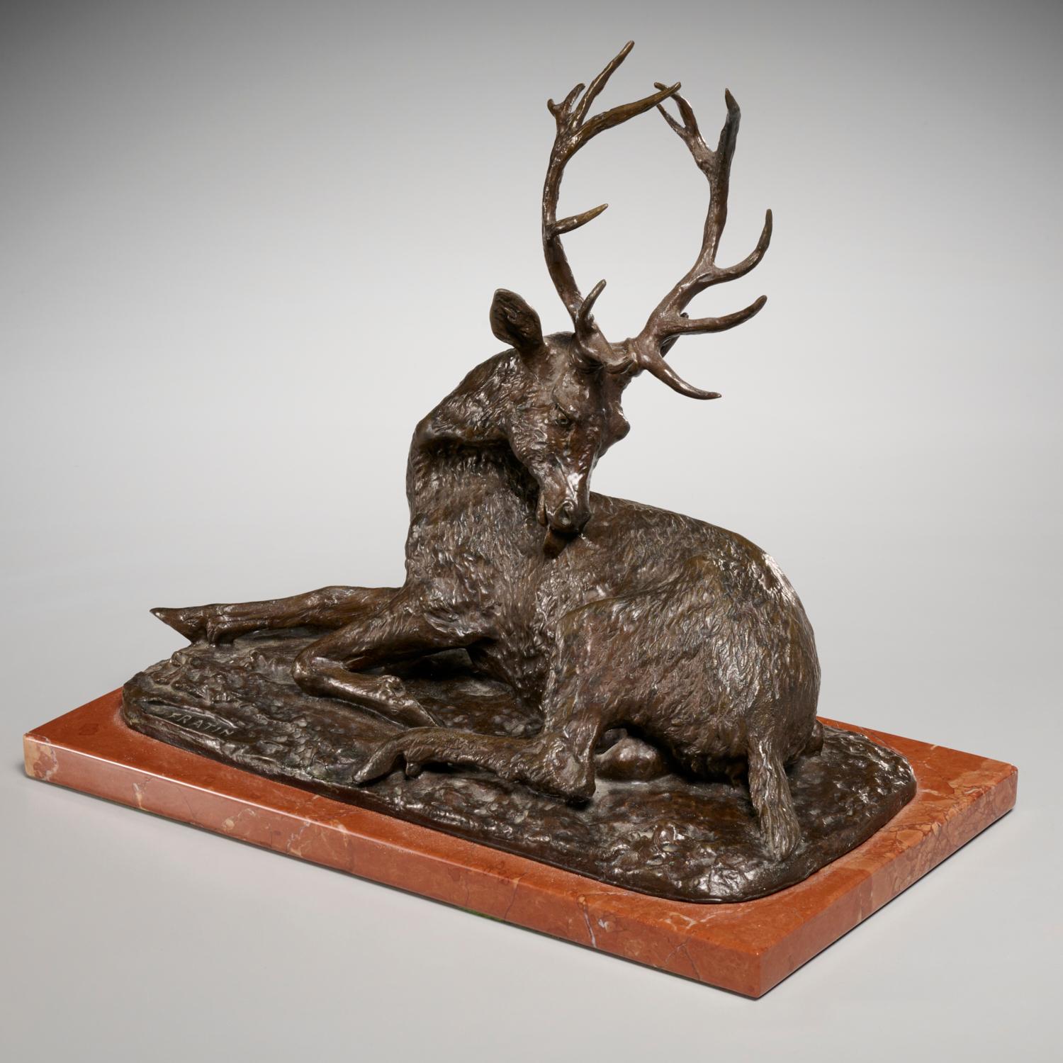 After Christophe Fratin (Signed), Grooming 12 Point Stag in Patinated Bronze  For Sale 2