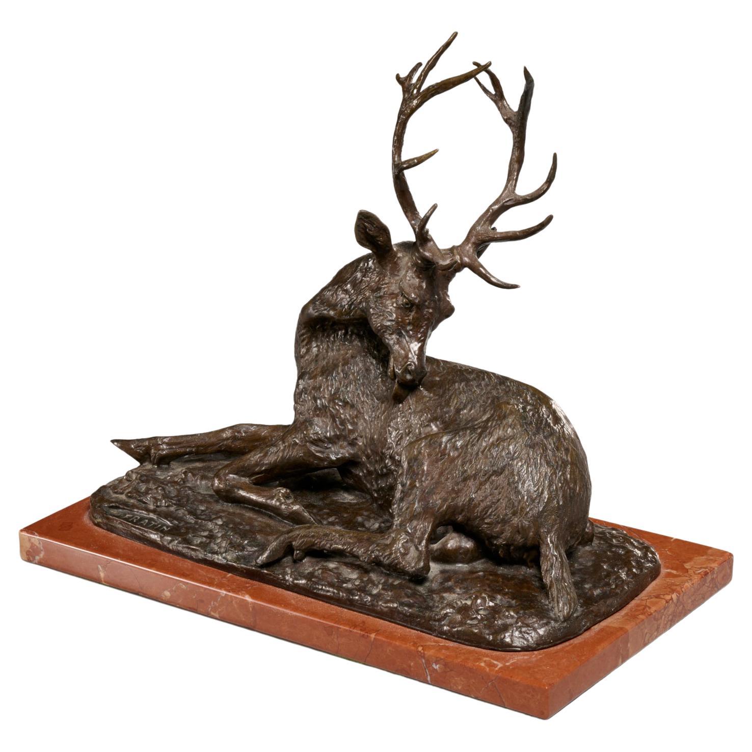 After Christophe Fratin (Signed), Grooming 12 Point Stag in Patinated Bronze  For Sale