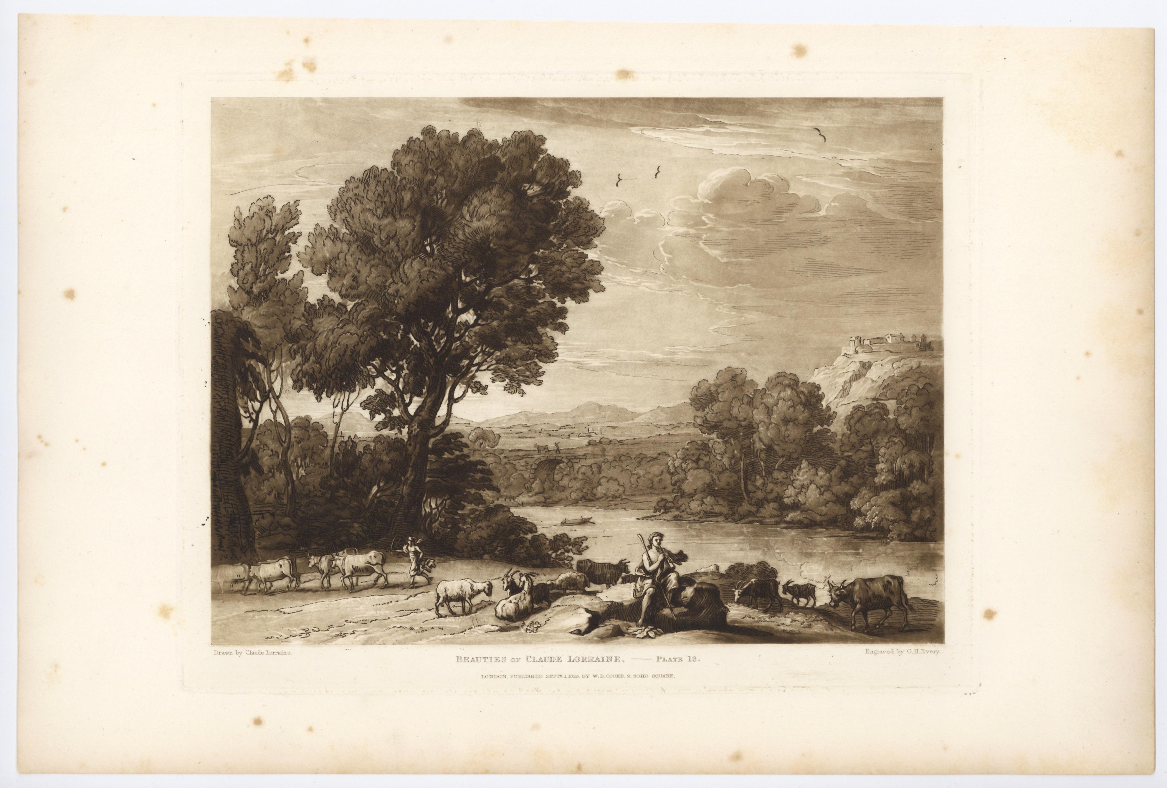 Medium: Radierung, Kupferstich und Mezzotinto (nach Claude Lorrain). Dieser schöne Abdruck auf Velin wurde von G.H. gestochen. Alle für die Mappe 