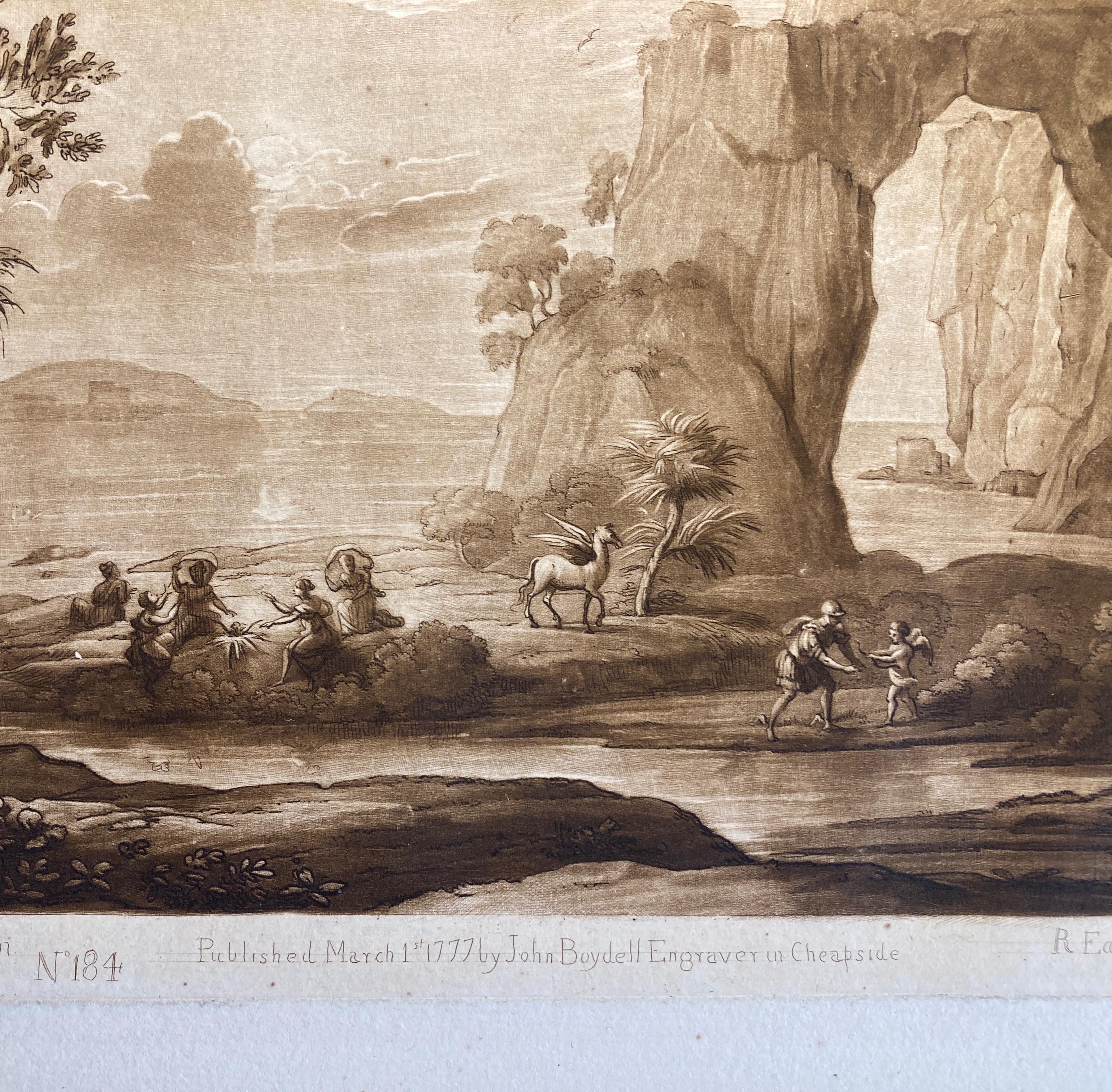 Claude Lorrain landscape with the God Hermes, Amor and the Muses. Richard Earlom aquatint c1817
by Lorrain, Claude le/Earlom, Richard

Countryside with goats and cattle, by Richard Earlom after Claude Lorrain.

Richard Earlom sepia-printed engraving